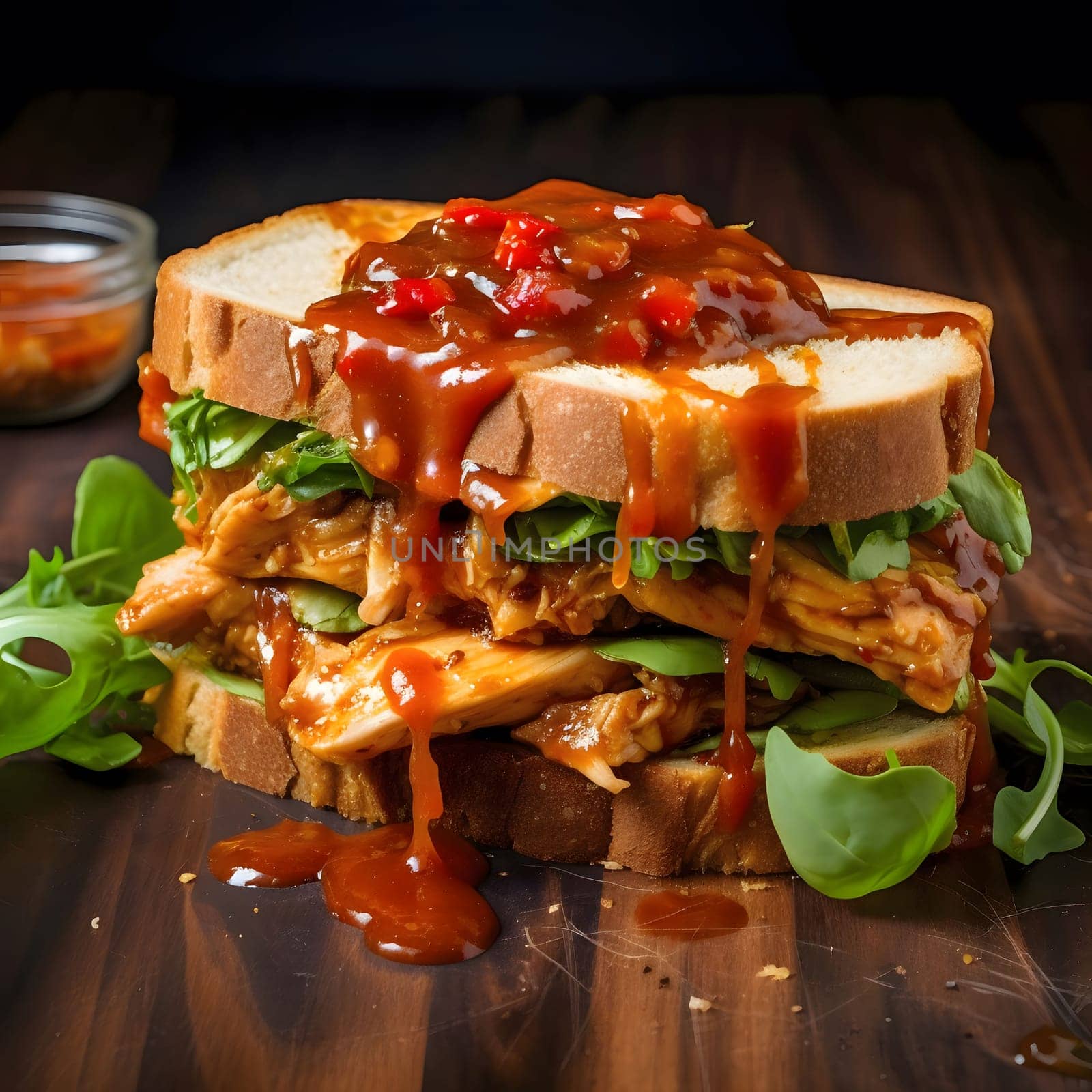 A mouthwatering pulled chicken sandwich topped with a sweet and spicy sauce and fresh lettuce. The sandwich is layered with juicy chicken and a tangy sauce, creating a satisfying and flavorful meal.