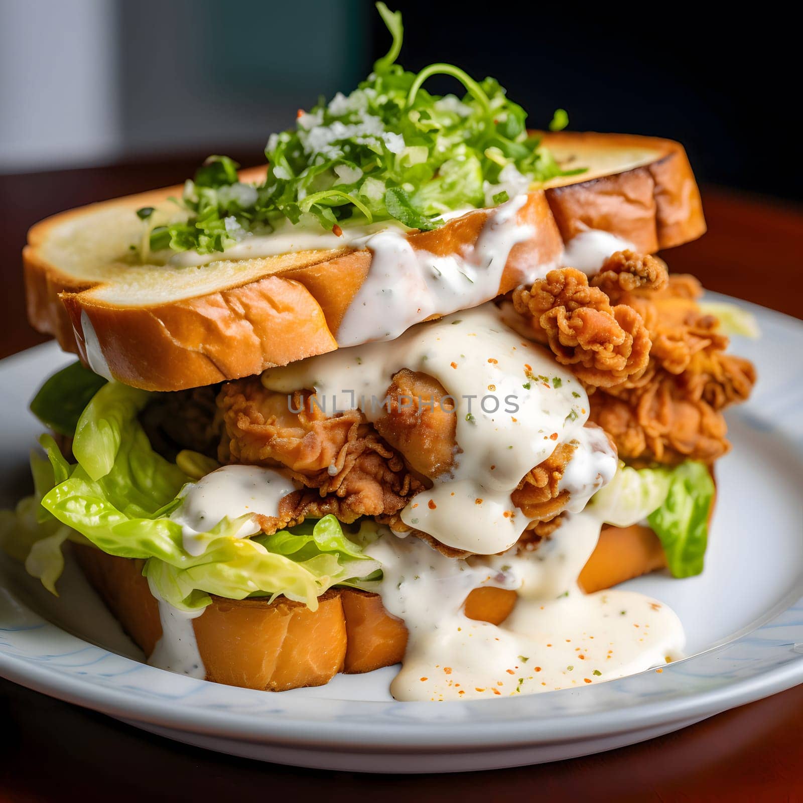 A close-up shot of a delicious fried chicken sandwich with creamy sauce on a white plate