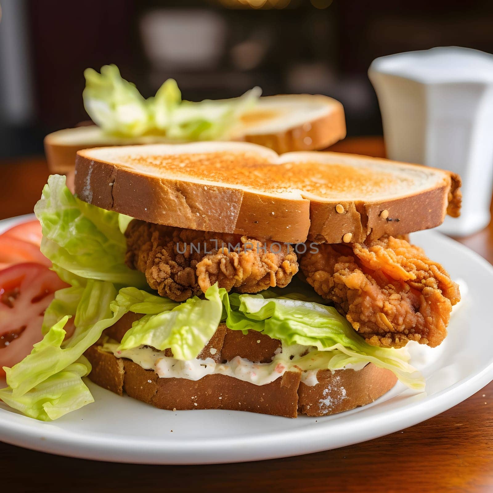 A close-up view of a fried chicken sandwich, with lettuce and tomato on a white plate.