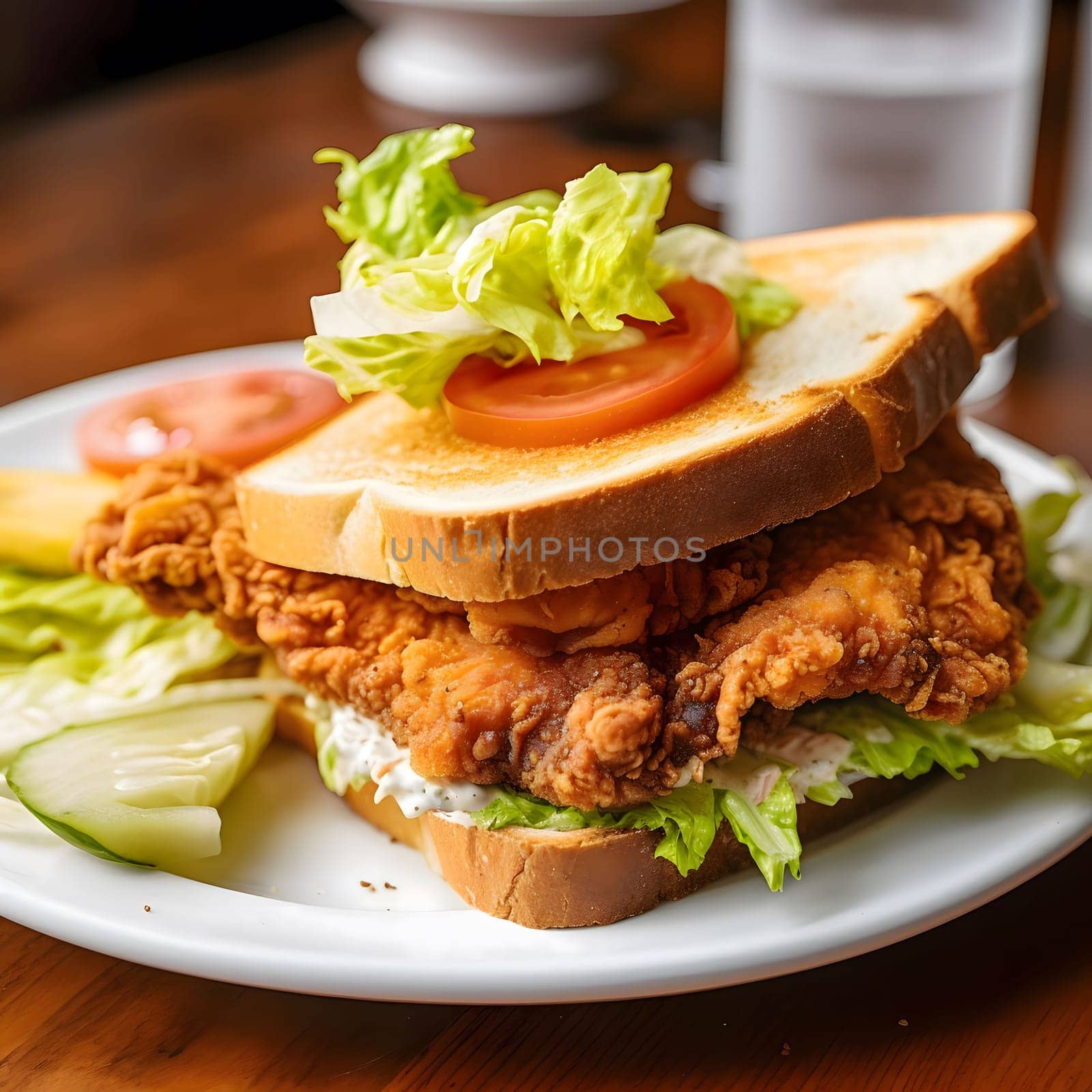 A close-up photo of a delicious fried chicken sandwich with lettuce, tomato, and cucumber on a white plate.
