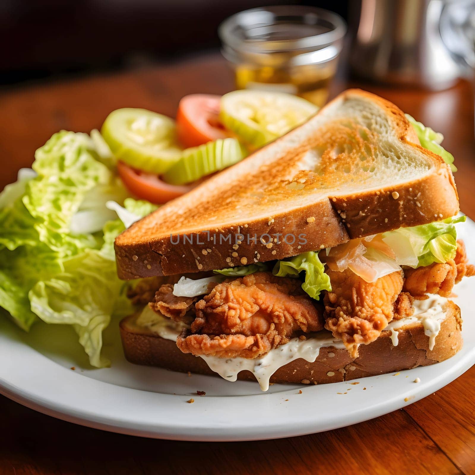 Close up of a fried chicken sandwich with lettuce, pickles and a white sauce on a white plate. The sandwich is made with a toasted bun and is surrounded by a bed of fresh lettuce and pickles.