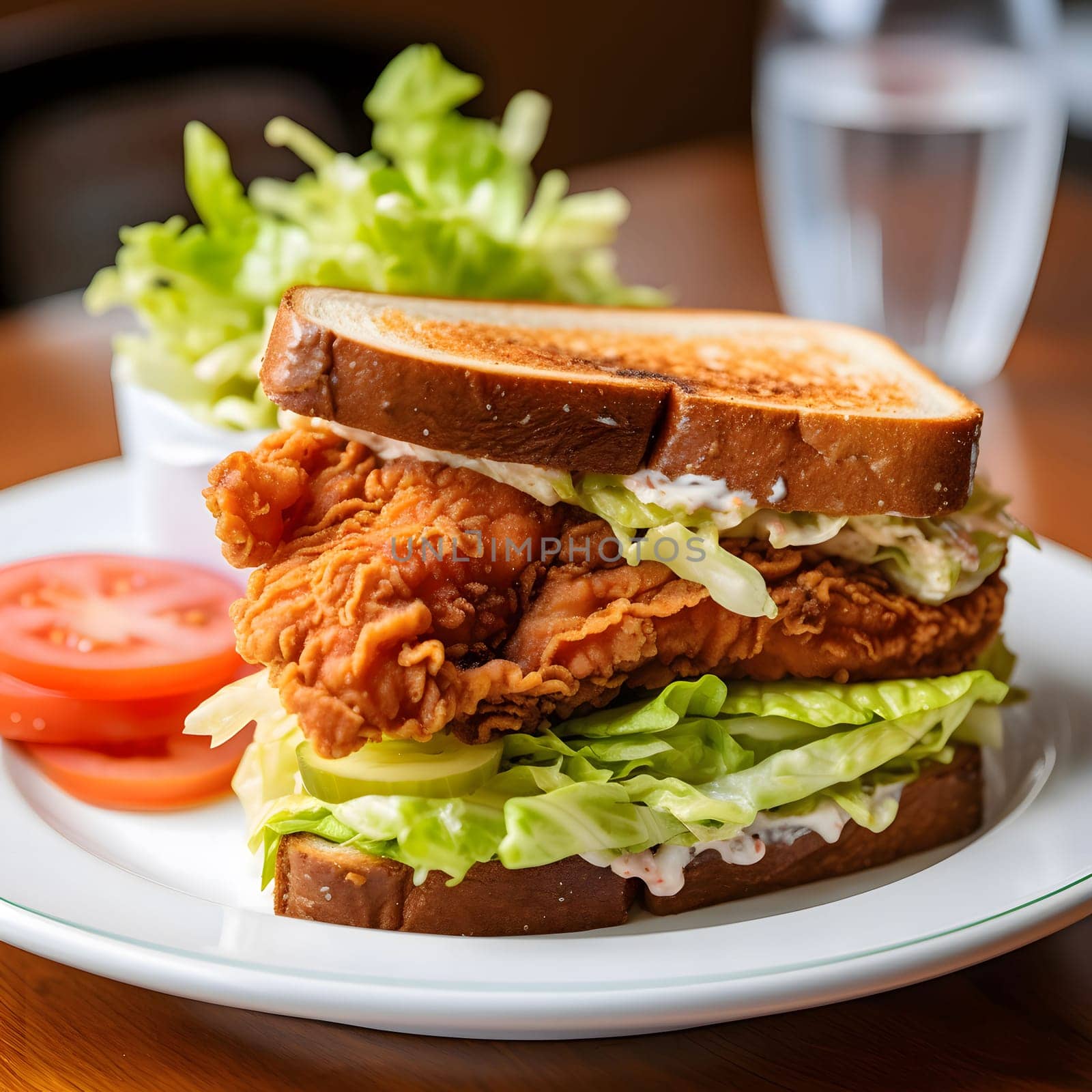A crispy fried chicken sandwich with lettuce and creamy dressing on a white plate.