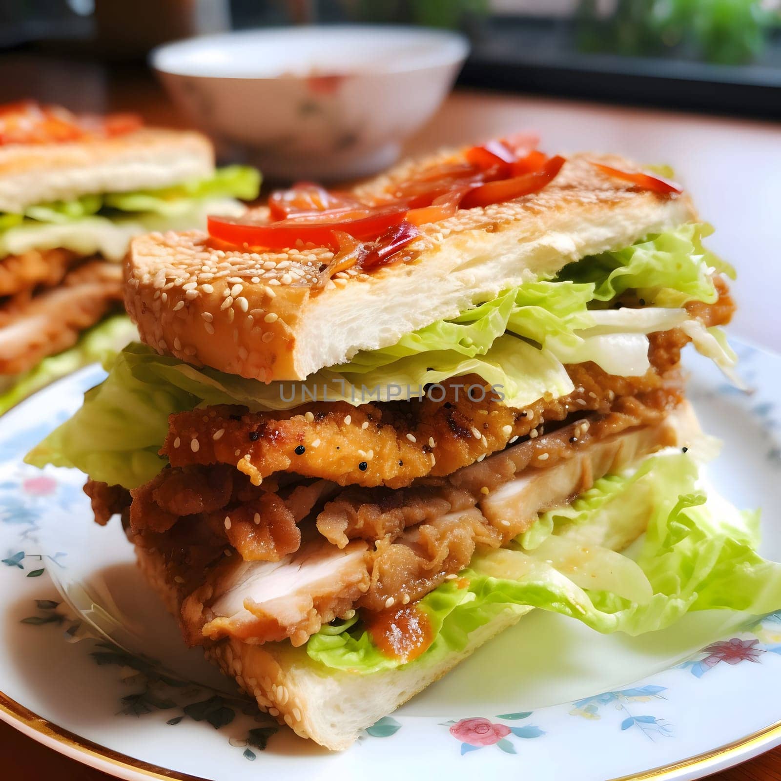 A crispy fried chicken sandwich with lettuce and sesame seeds on a white bun. The sandwich is on a white plate with a floral pattern.