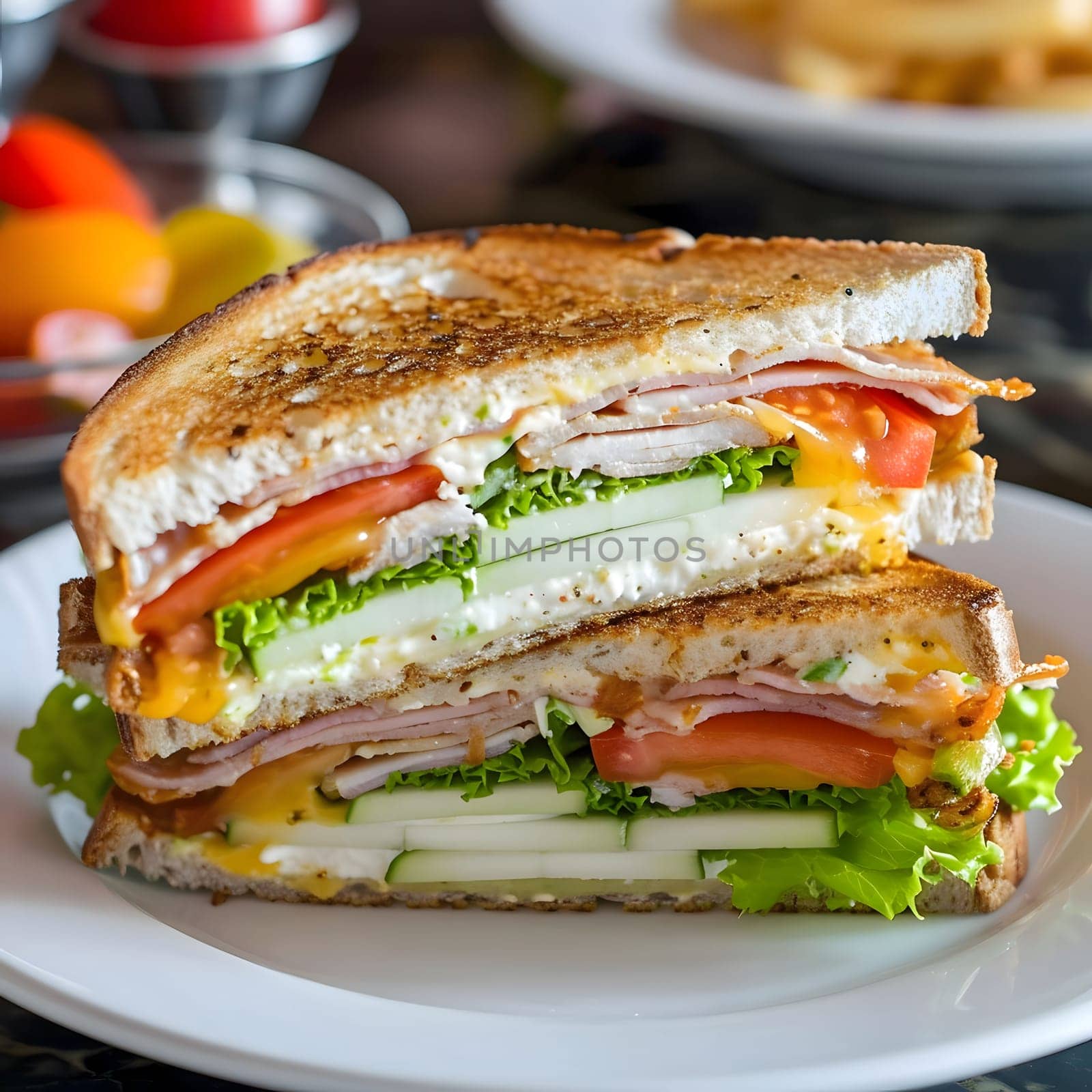 A close-up shot of a delicious turkey sandwich with ham, lettuce, tomato, cucumber, and cheese, grilled to perfection. The sandwich is on a white plate.