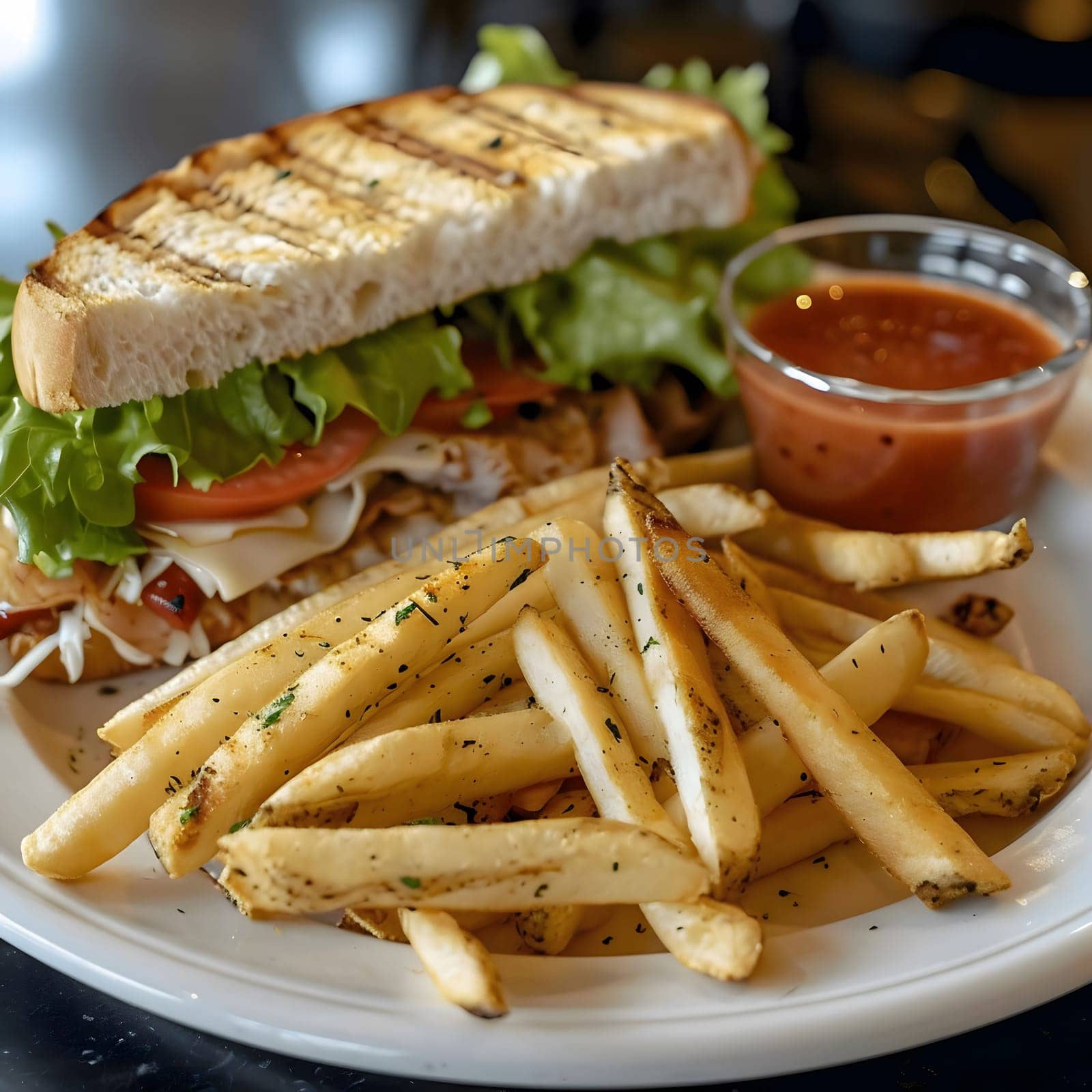 A delicious grilled cheese sandwich served with crispy French fries and a side of tomato sauce.