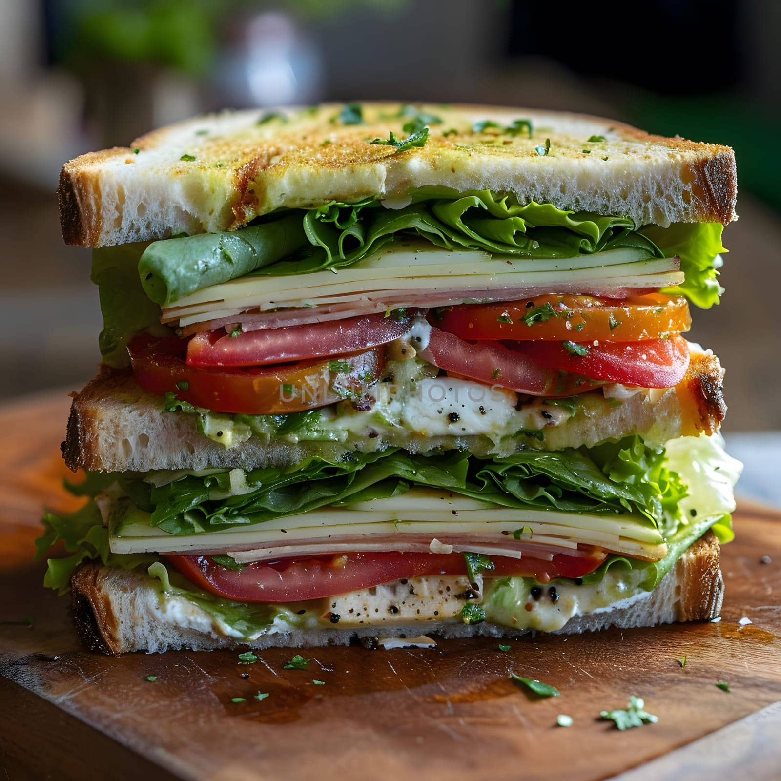 A close-up of a delicious sandwich with fresh ingredients like tomatoes, cheese, lettuce, and ham.