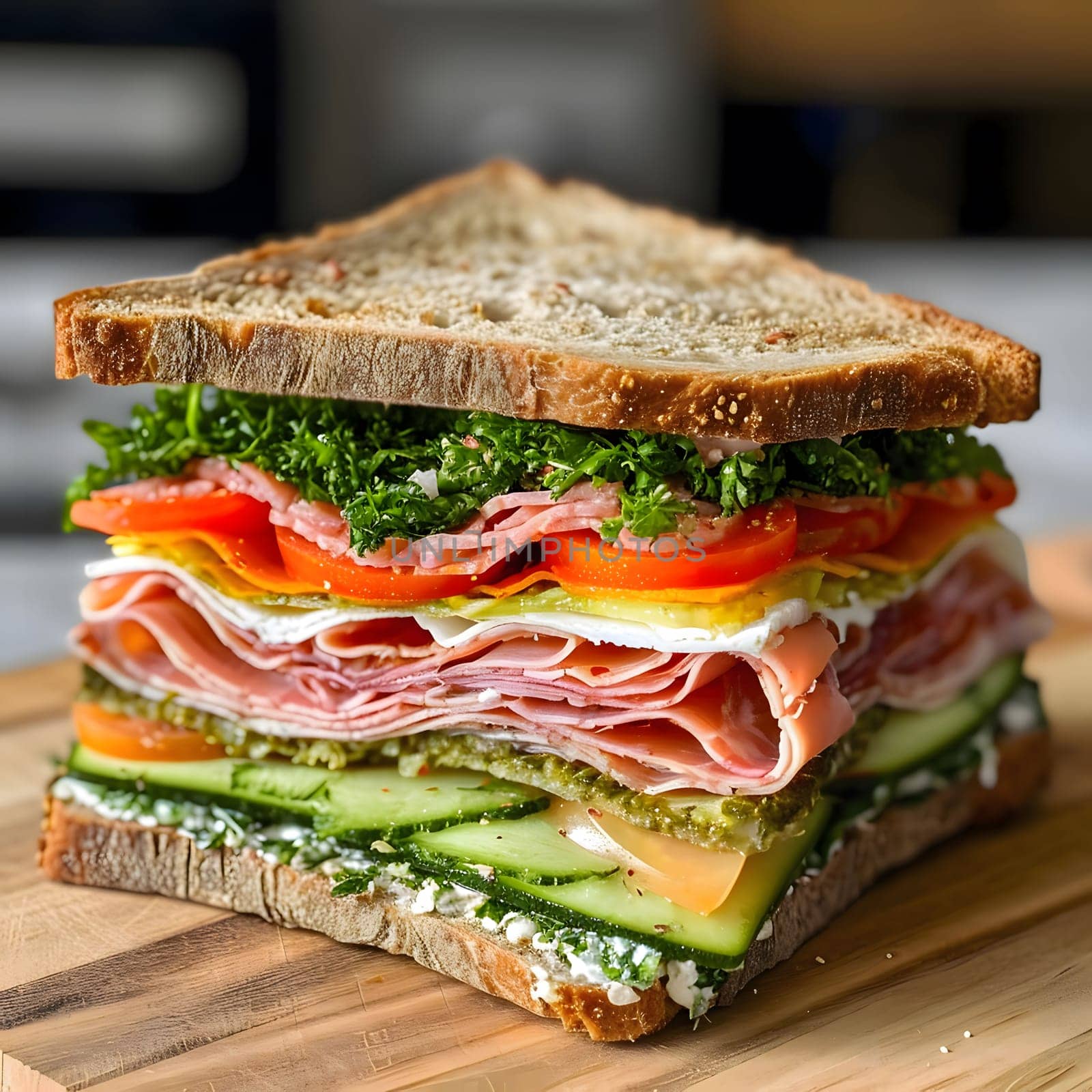 A close-up shot of a delicious homemade sandwich with ham, cheese, cucumber and tomato on a wooden board.