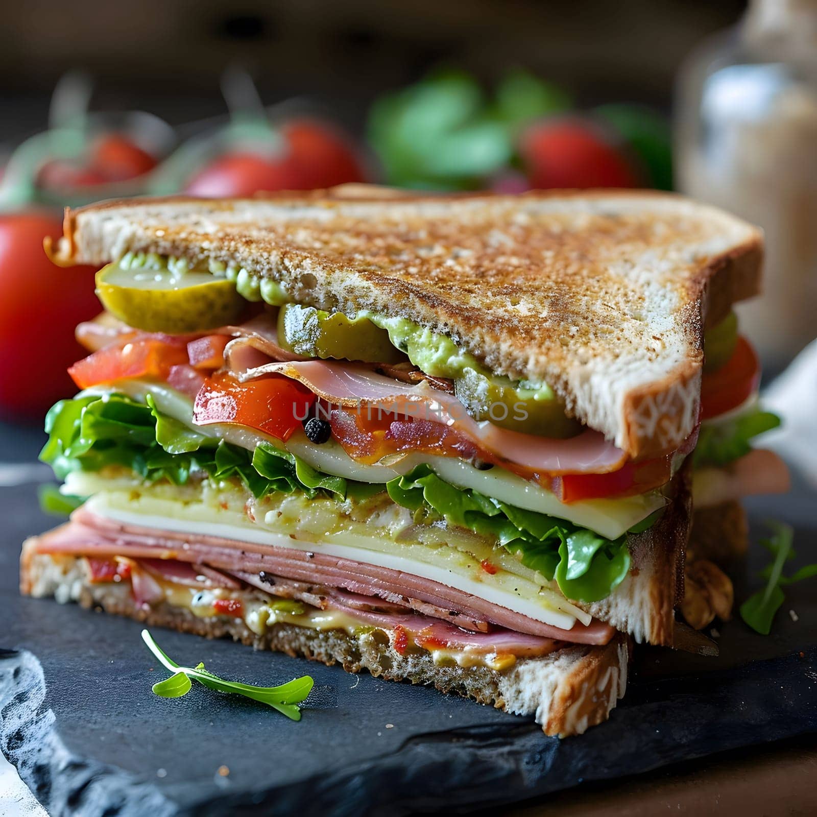 Close-up of a multi-layered sandwich with fresh ingredients like ham, cheese, tomato, lettuce, and pickles. The sandwich is toasted to perfection, giving it a crispy exterior and a soft interior.