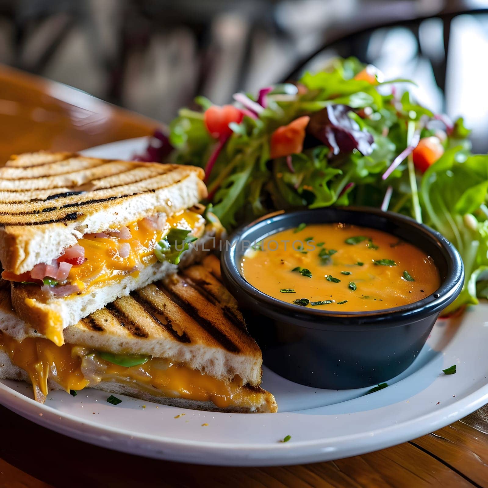 A mouthwatering grilled cheese sandwich served with a side of fresh salad and a bowl of tomato soup. This meal is perfect for a comforting and satisfying lunch or dinner.