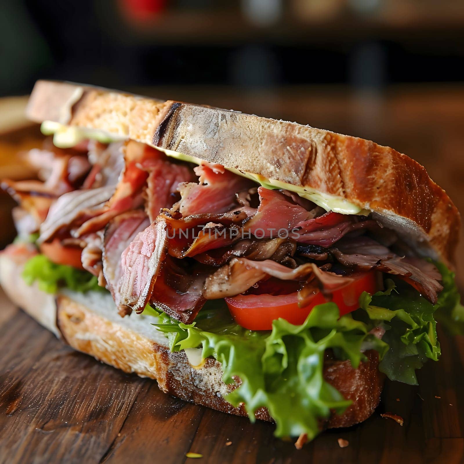 Close-up of a delicious pastrami sandwich with fresh lettuce and tomato on a wooden table.