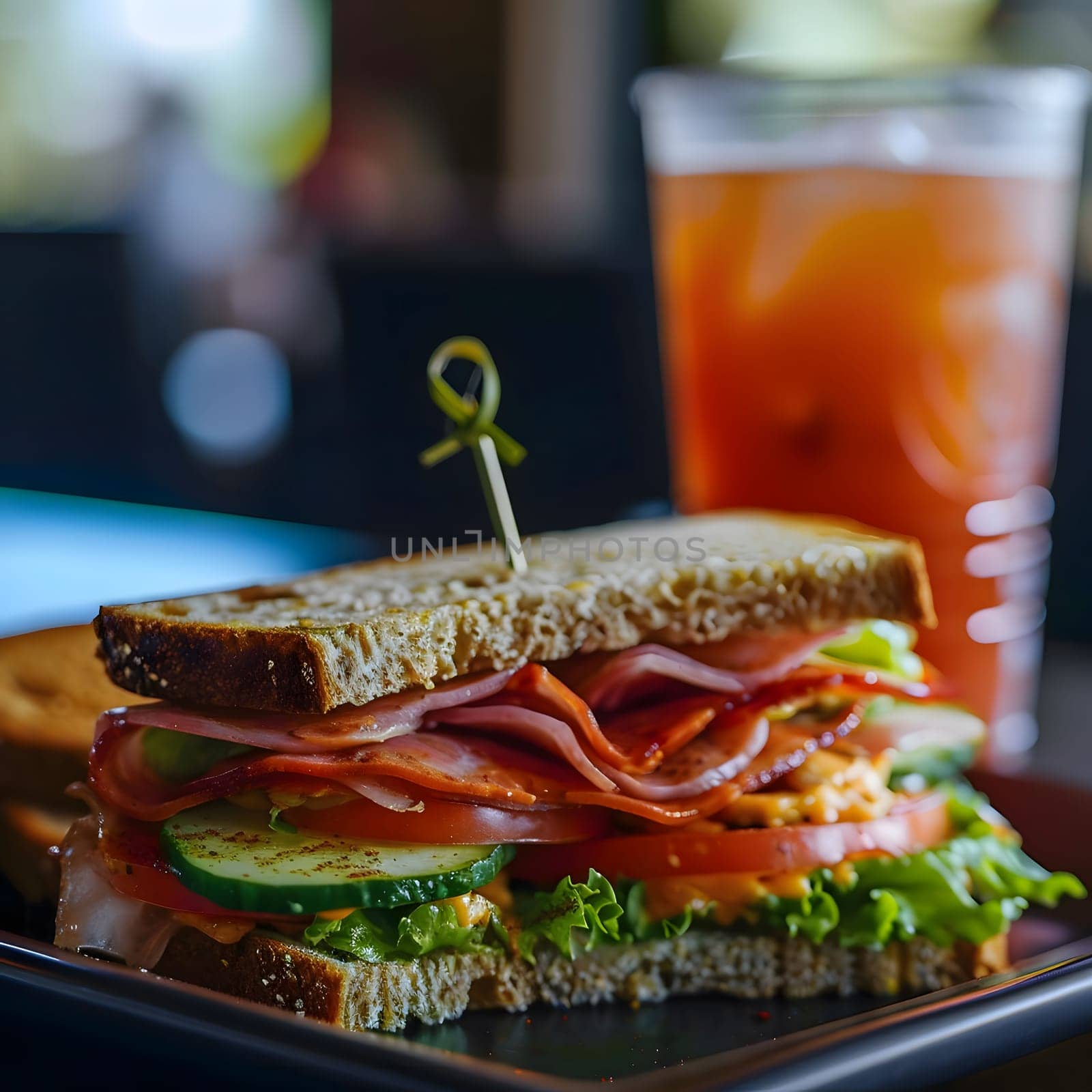 A close-up image of a delicious ham and cheese sandwich with fresh ingredients and a refreshing beverage on the side