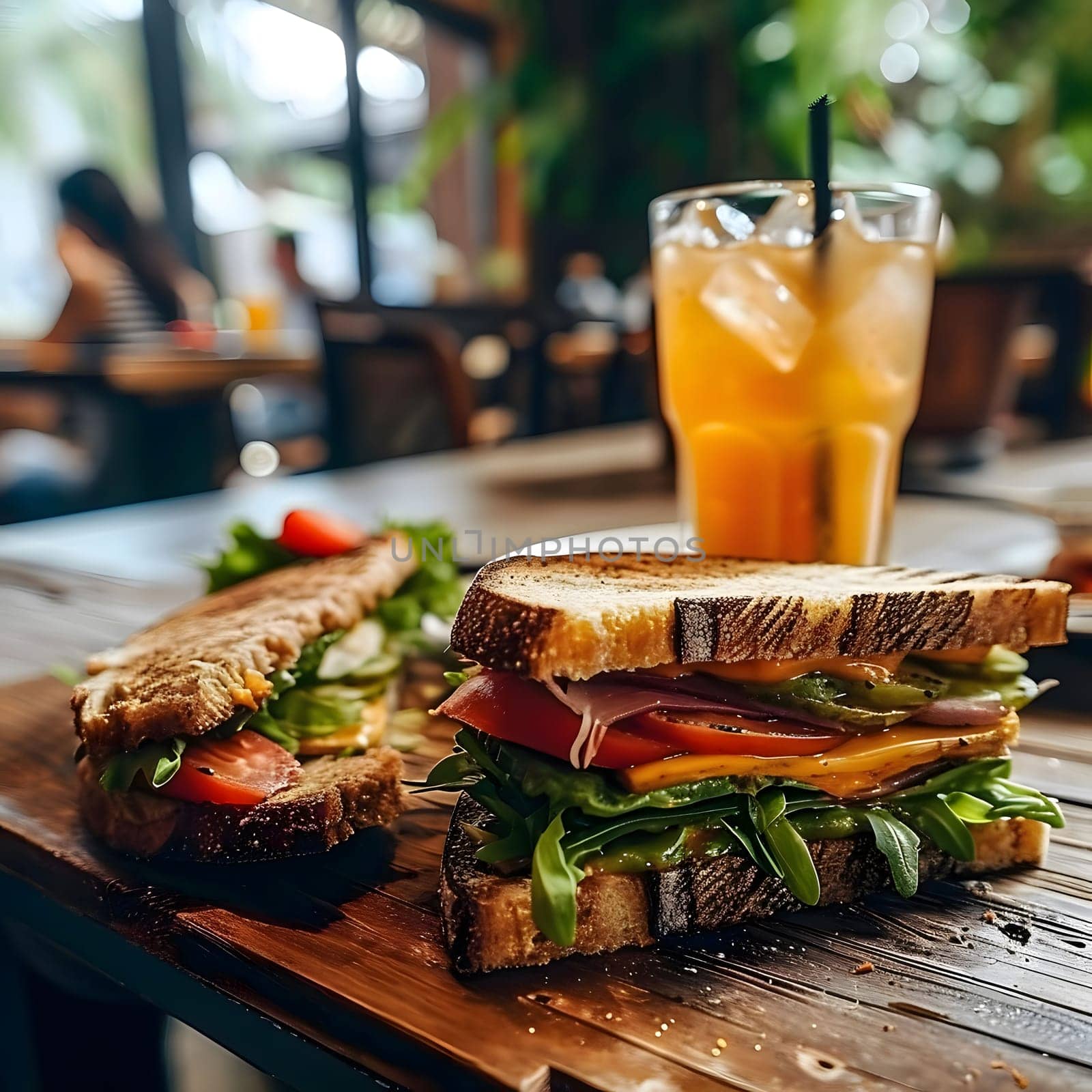 Two sandwiches with fresh ingredients on a wooden table in a cafe, next to a glass of orange juice.