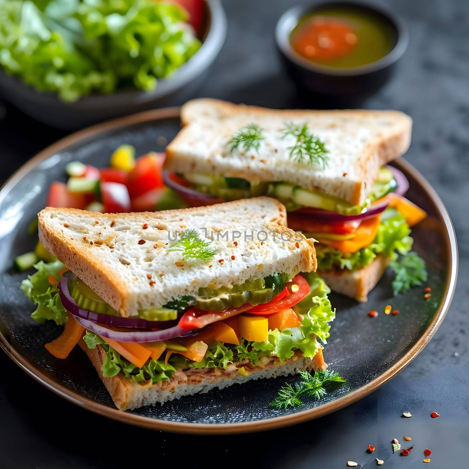 A close-up of two delicious veggie sandwiches with fresh ingredients, tomato, cucumber, onion, lettuce and bread on a plate.