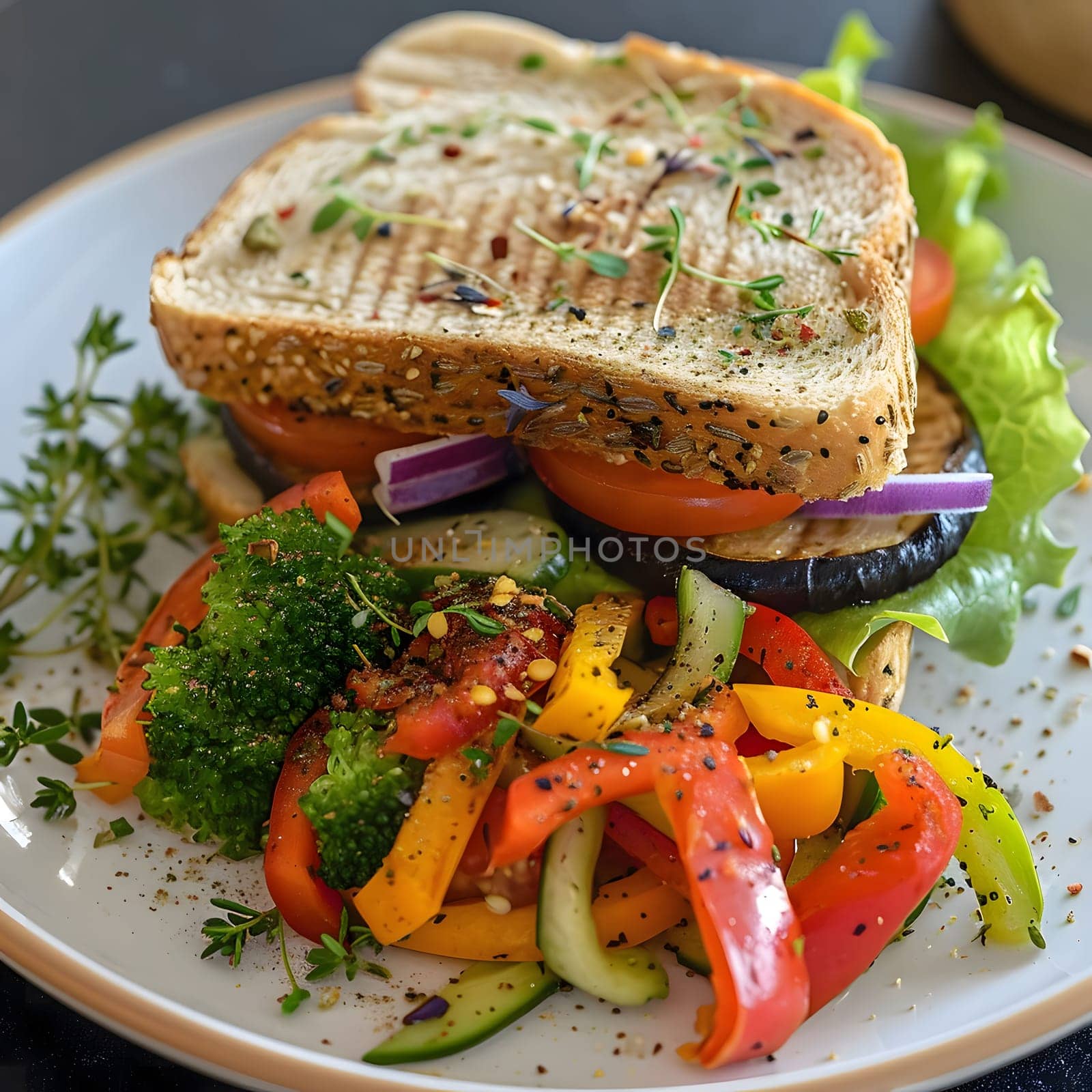 A mouthwatering sandwich filled with fresh vegetables like tomato, cucumber, and broccoli, served on a plate with a side of salad. The sandwich is grilled to perfection and looks incredibly delicious and healthy.