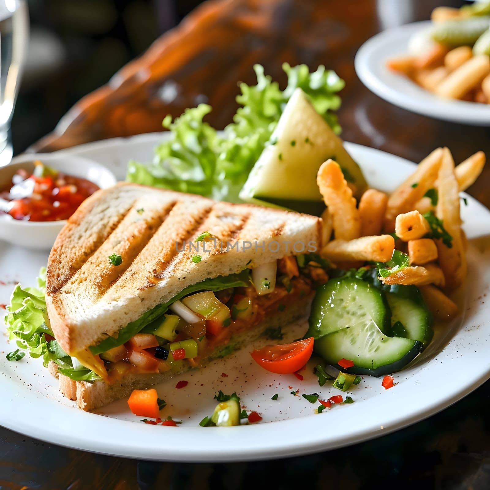 A close-up of a grilled cheese sandwich with fresh vegetables and french fries on a white plate. The sandwich is grilled to perfection with crispy bread and melted cheese. The fresh vegetables add a burst of flavor and color to the dish. The french fries are perfectly golden brown and crispy.