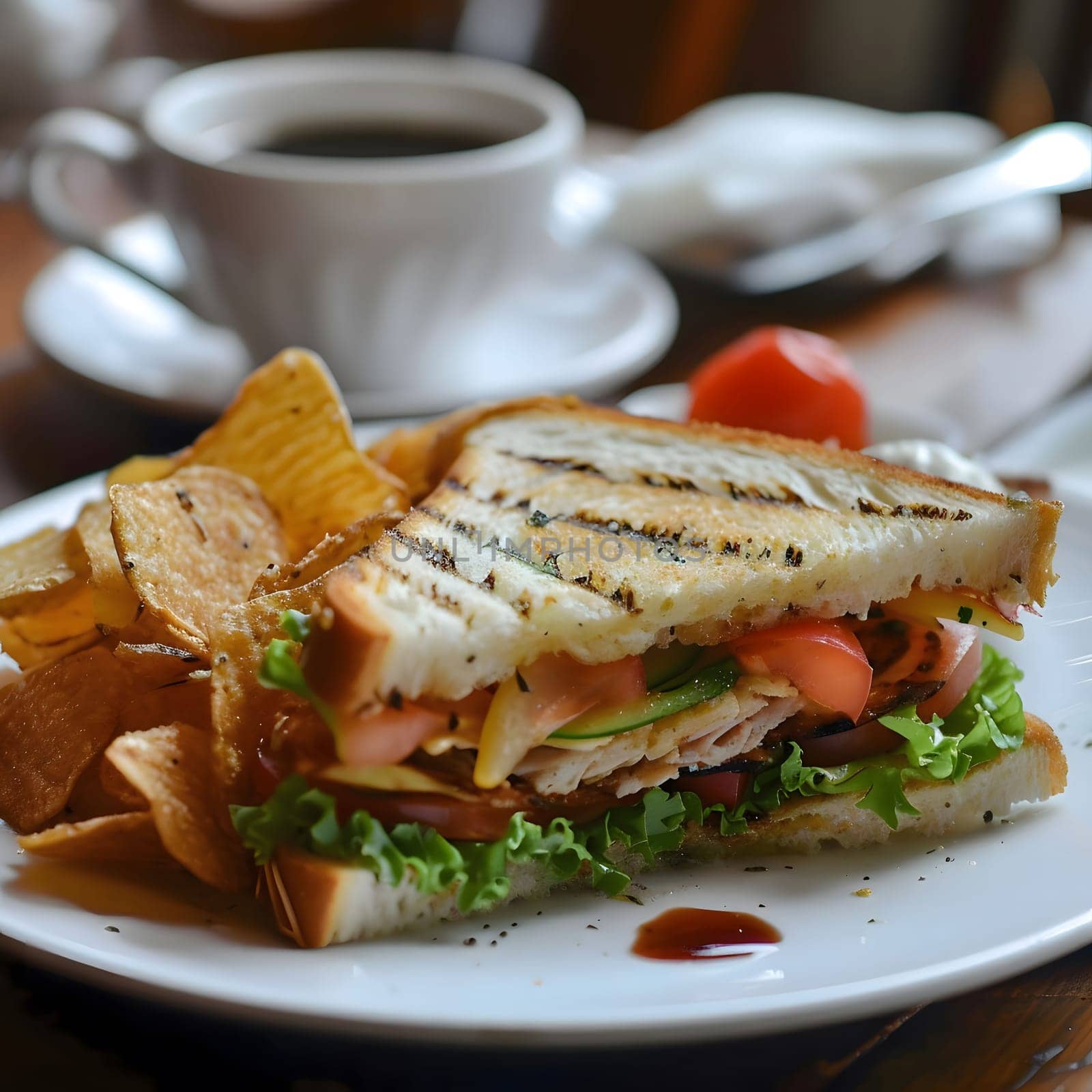 A delicious looking grilled chicken sandwich with tomato, lettuce, cucumber, and cheese. Served with potato chips.