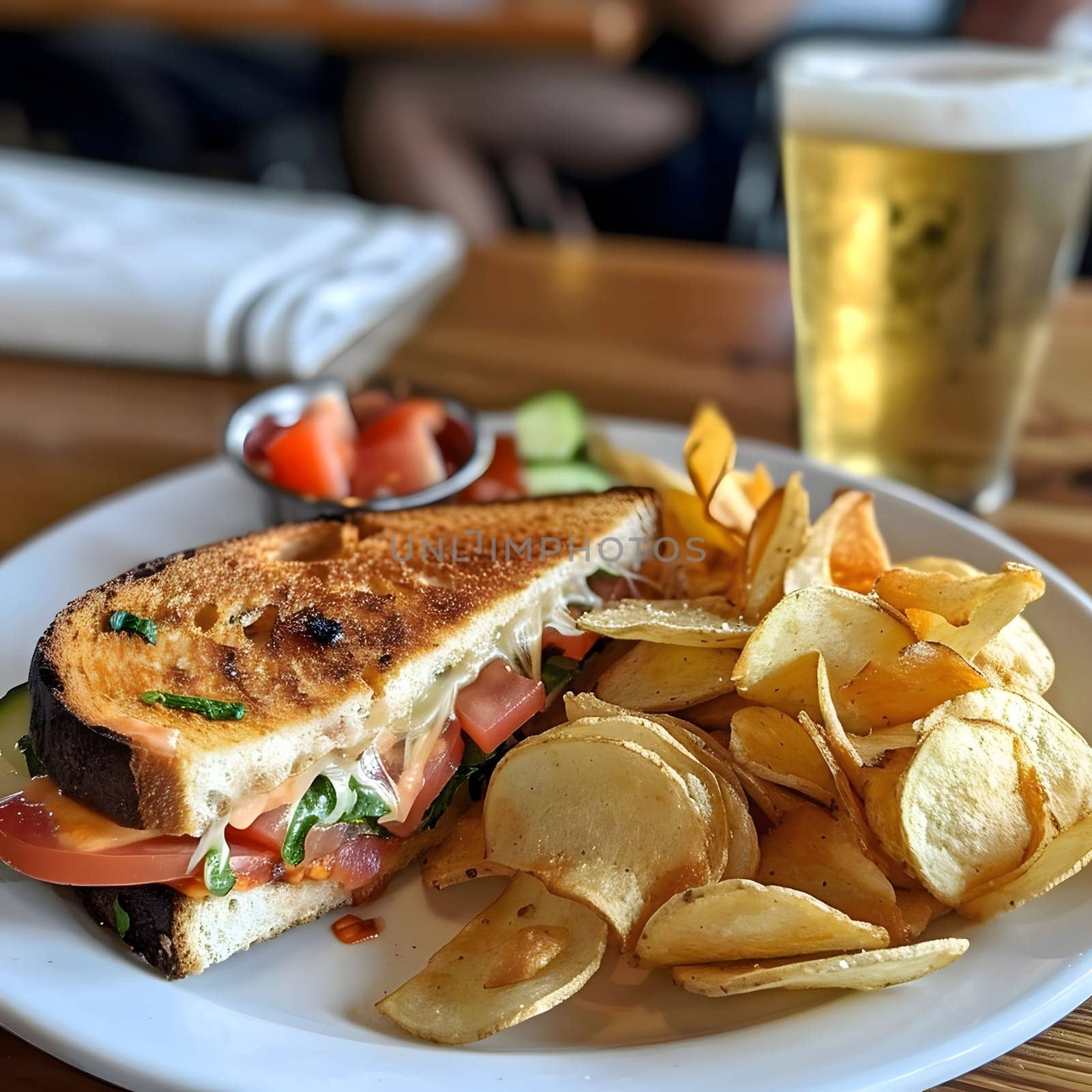 A delicious grilled cheese sandwich with tomato and cheese, served with a side of crispy potato chips on a white plate.