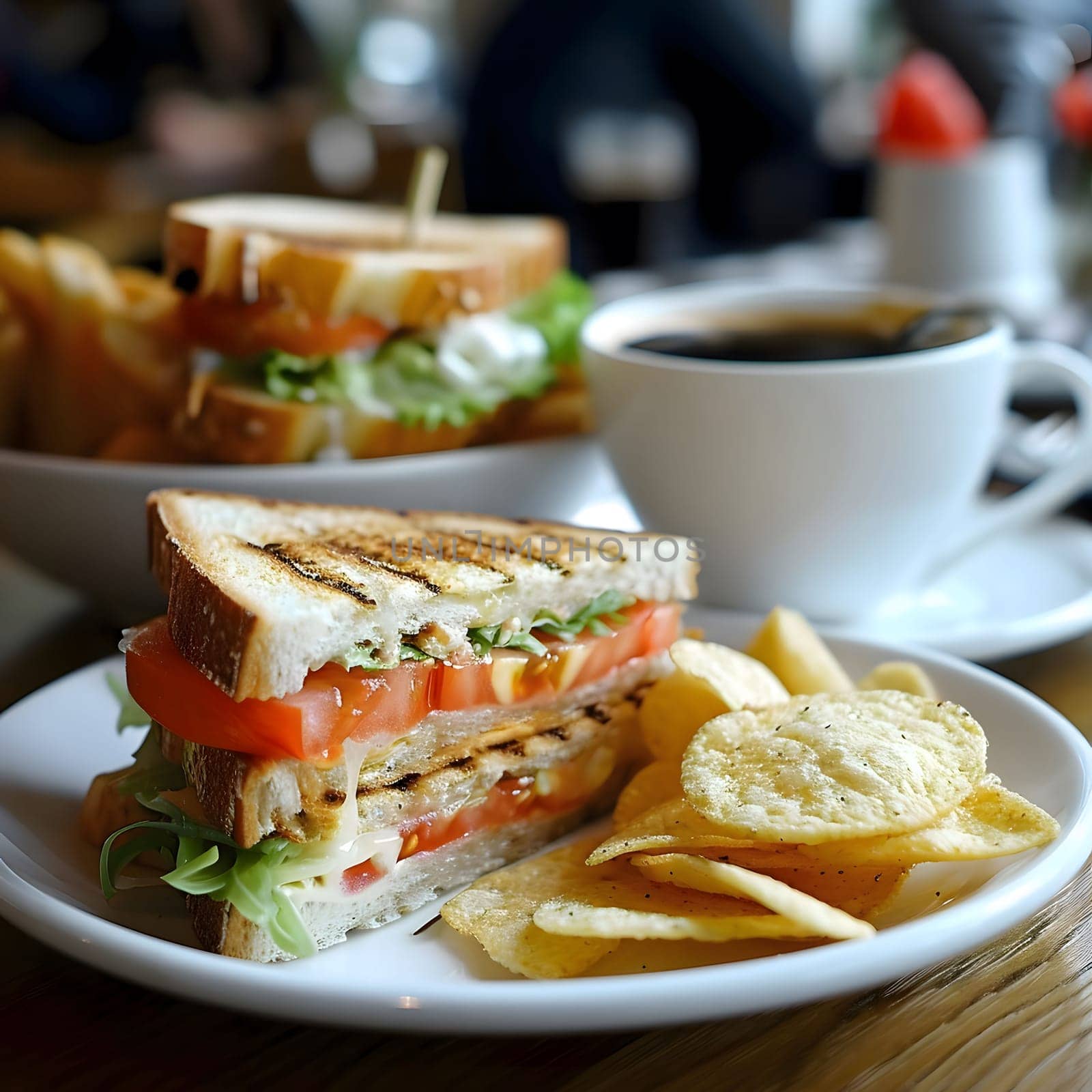 A close-up shot of a delicious sandwich with tomato, cheese, and lettuce, served with a side of crispy chips on a white plate.