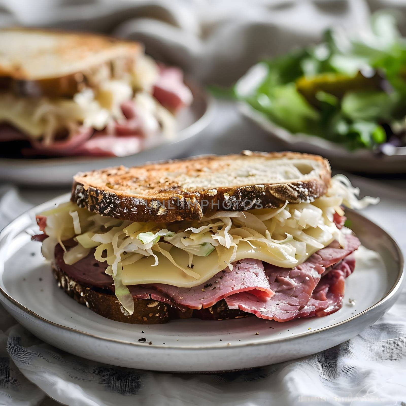 Close-up of a delicious Reuben sandwich with melted cheese, sauerkraut, and pastrami on rye bread. This sandwich is a classic deli favorite and a perfect meal for lunch or dinner.