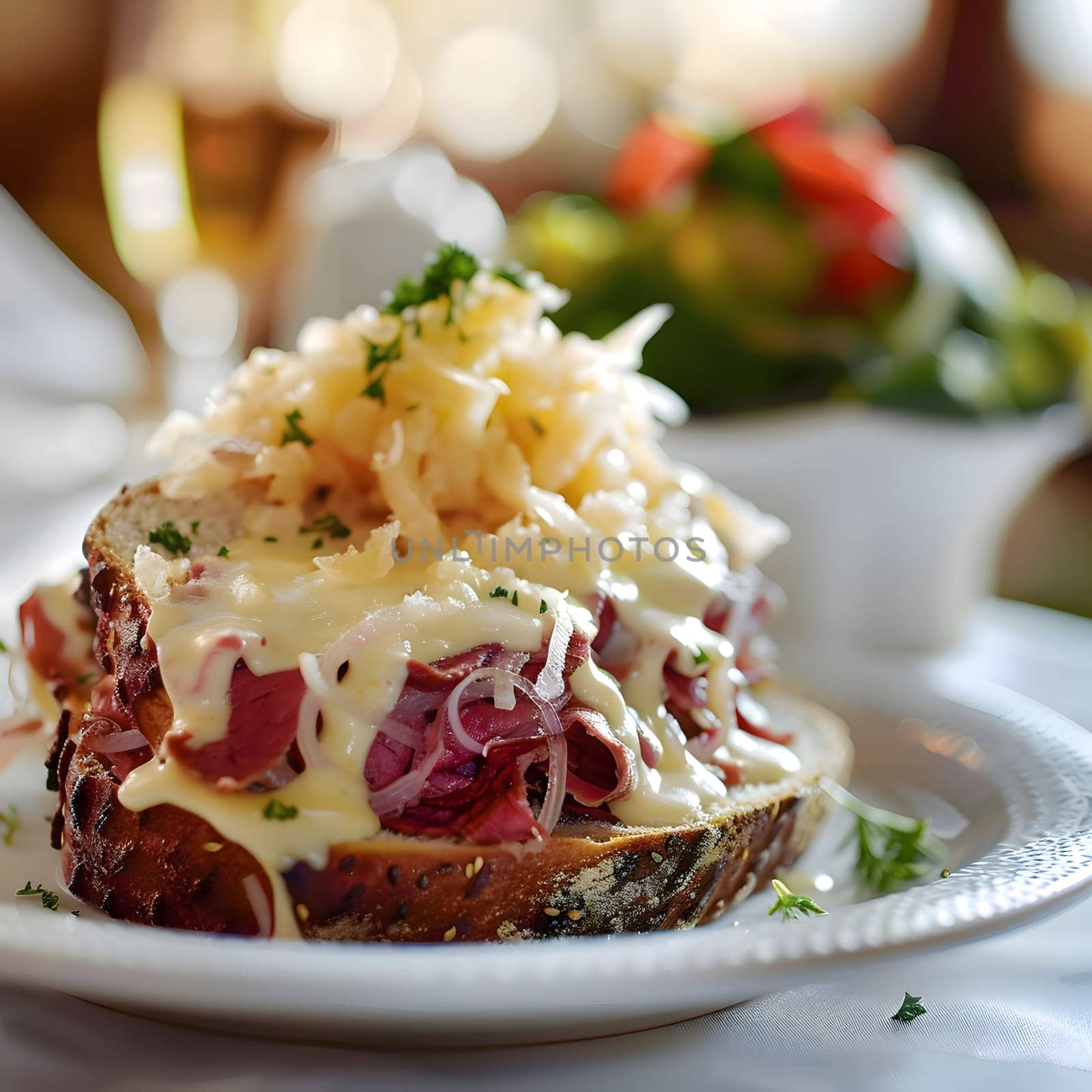 A mouthwatering sandwich with layers of cheese, sauerkraut, and meat on a bed of fresh bread.