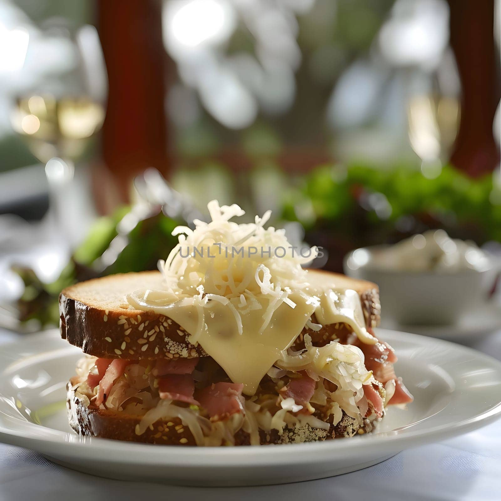 A close-up shot of a mouthwatering grilled cheese sandwich layered with sauerkraut. The cheese is melted and gooey, and the bread is toasted to a crispy perfection. This sandwich is a perfect comfort food and looks absolutely delicious.
