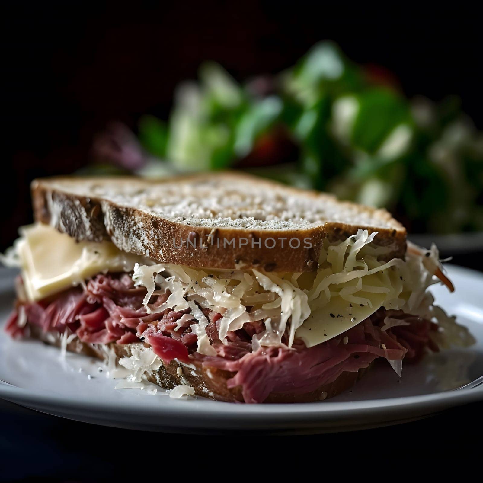 A close-up of a delicious pastrami sandwich on rye bread, featuring melted cheese, sauerkraut, and a savory filling.