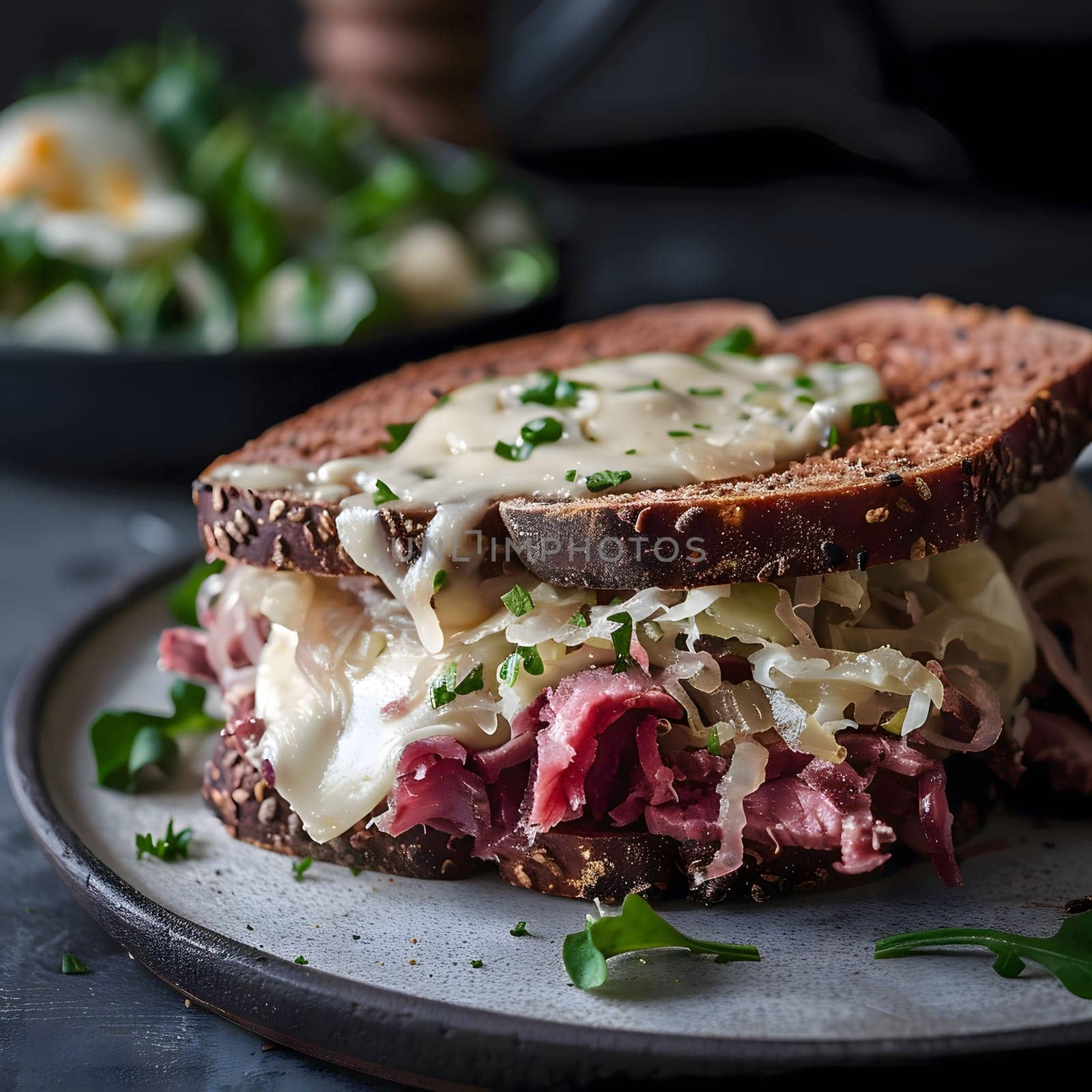 A close-up of a delicious Reuben sandwich with sauerkraut and creamy dressing. The sandwich is grilled and has a crispy exterior, while the filling is juicy and flavorful.