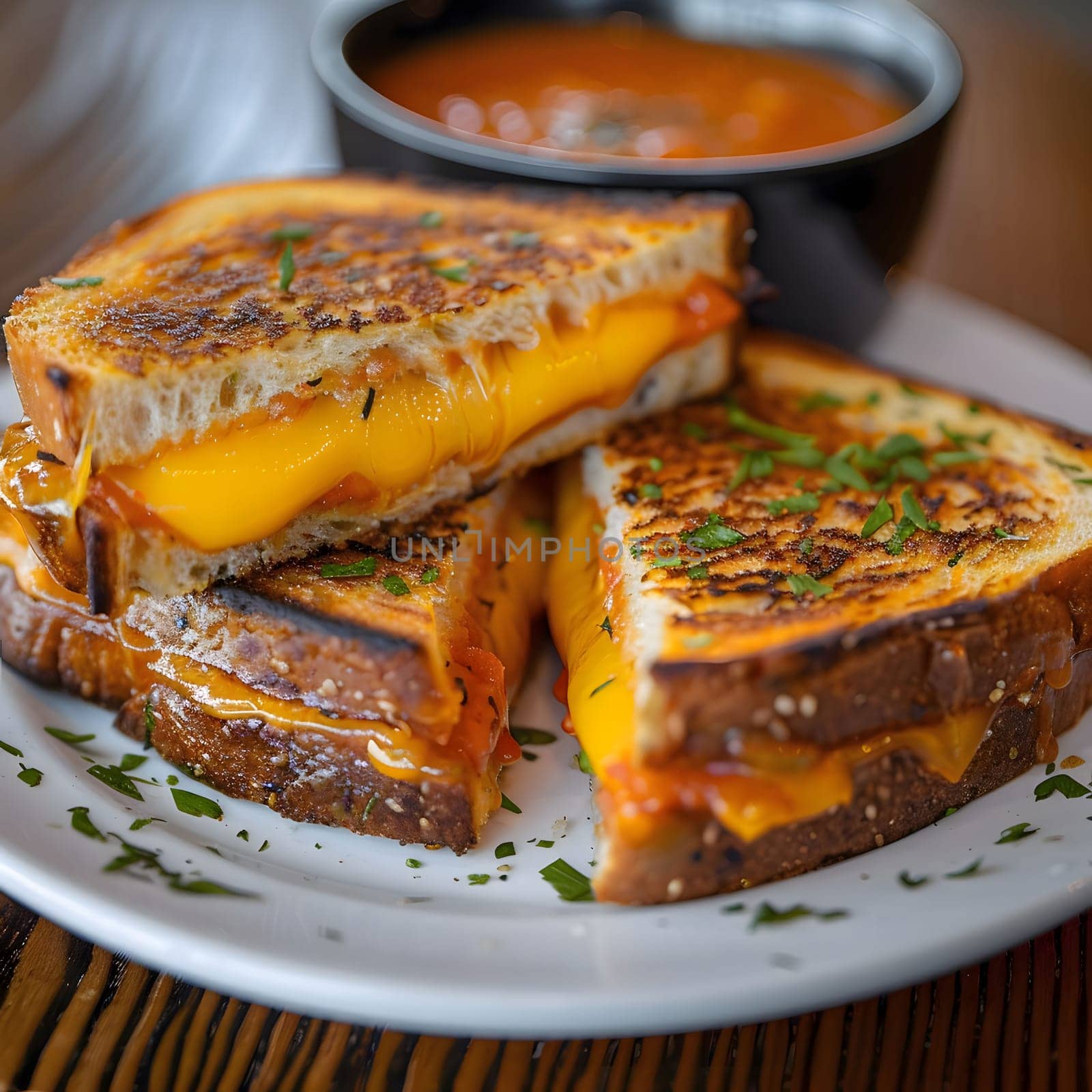 Two grilled cheese sandwiches with melted cheese and tomato on a white plate.