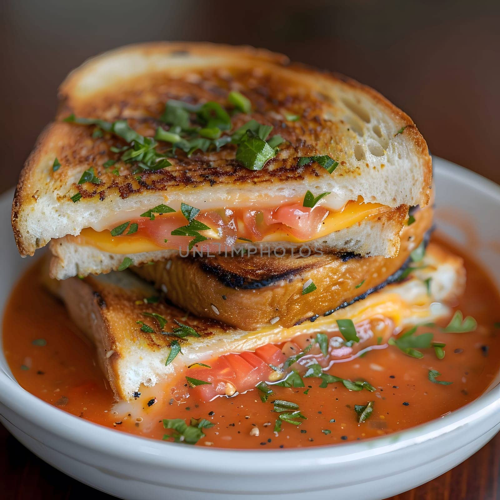 A close-up of a grilled cheese sandwich with tomato soup. The sandwich is golden brown and crispy on the outside, with melted cheese and tomato inside. The soup is a vibrant red color and is steaming hot. The image is a classic representation of a comforting and delicious meal.
