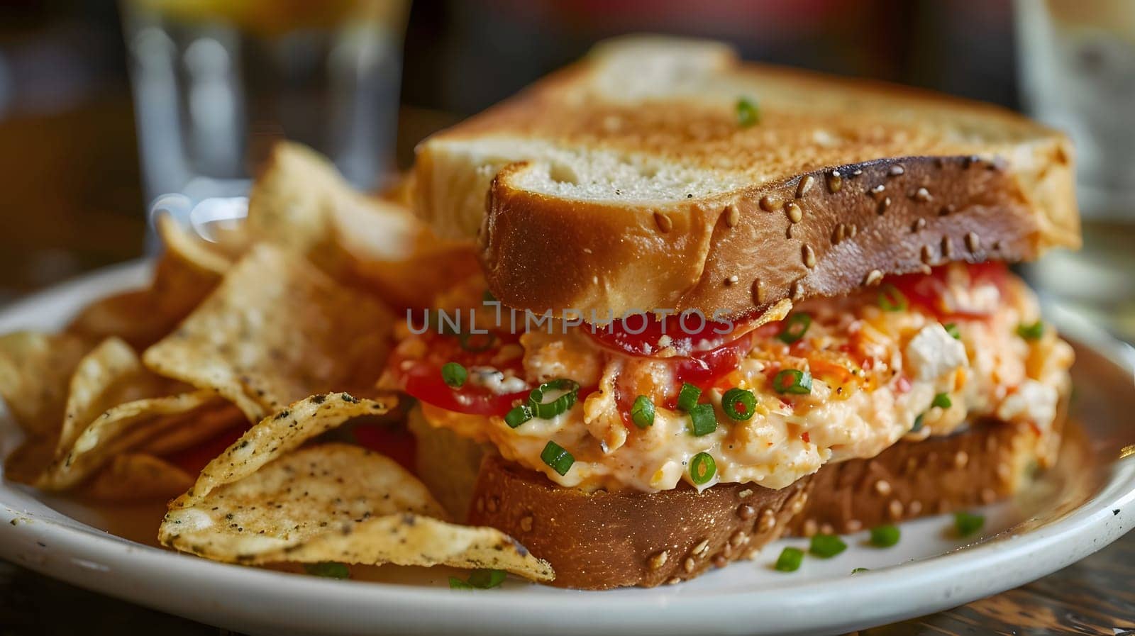 A close up shot of a delicious pimento cheese sandwich on a plate with chips