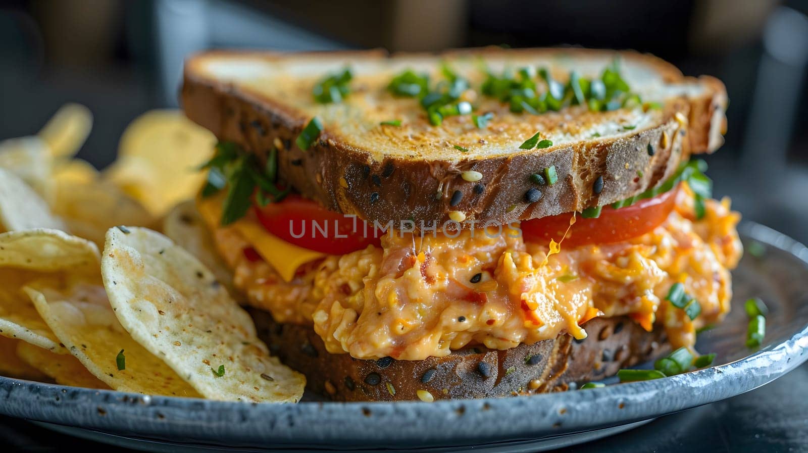 Close up of a toasted pimento cheese sandwich with fresh tomato and chips on the side.