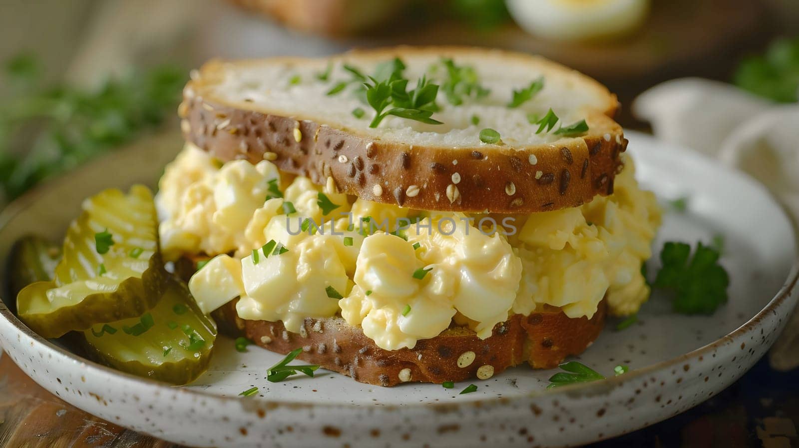 A classic egg salad sandwich on a multigrain bread with pickles on the side.