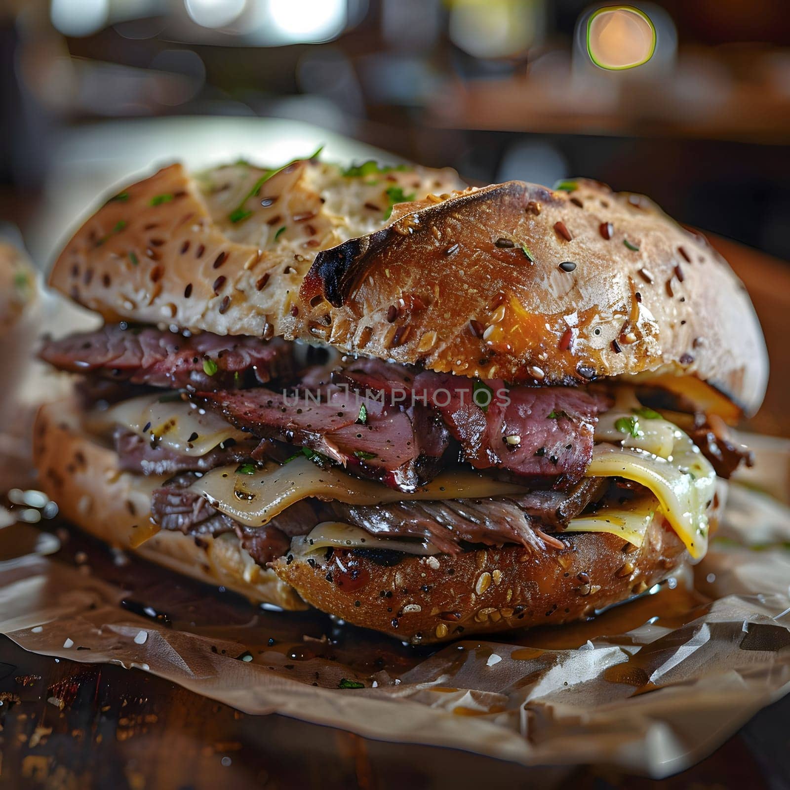 A mouthwatering close-up of a roast beef sandwich with melted cheese and fresh bread.