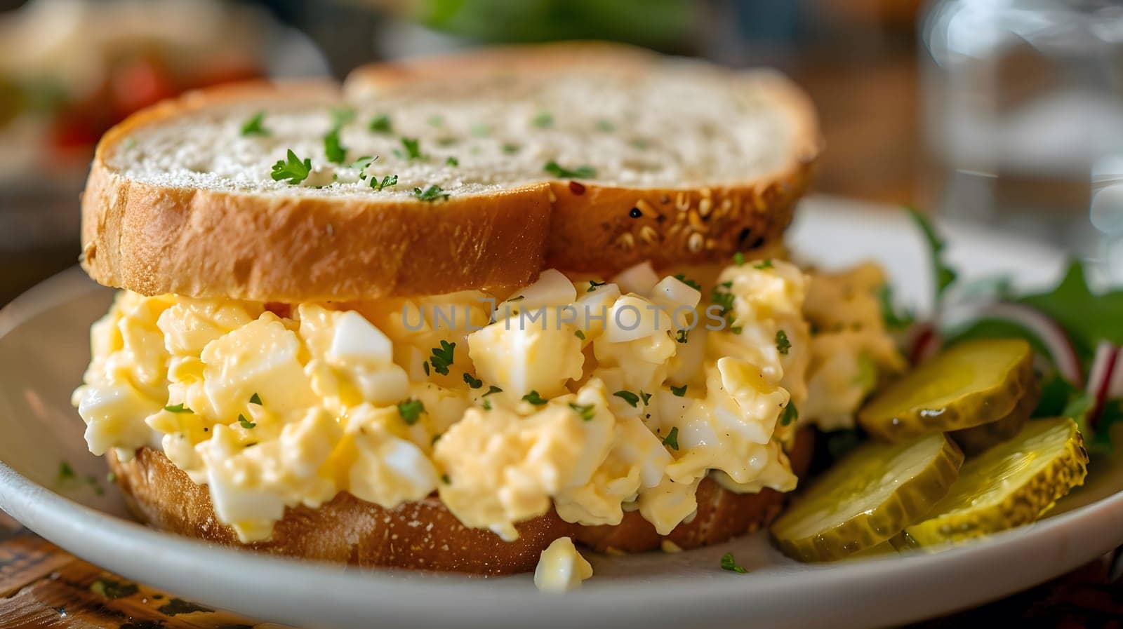 A close-up of a delicious egg salad sandwich with pickles on a white plate. The sandwich is made with fresh ingredients and looks very appetizing.