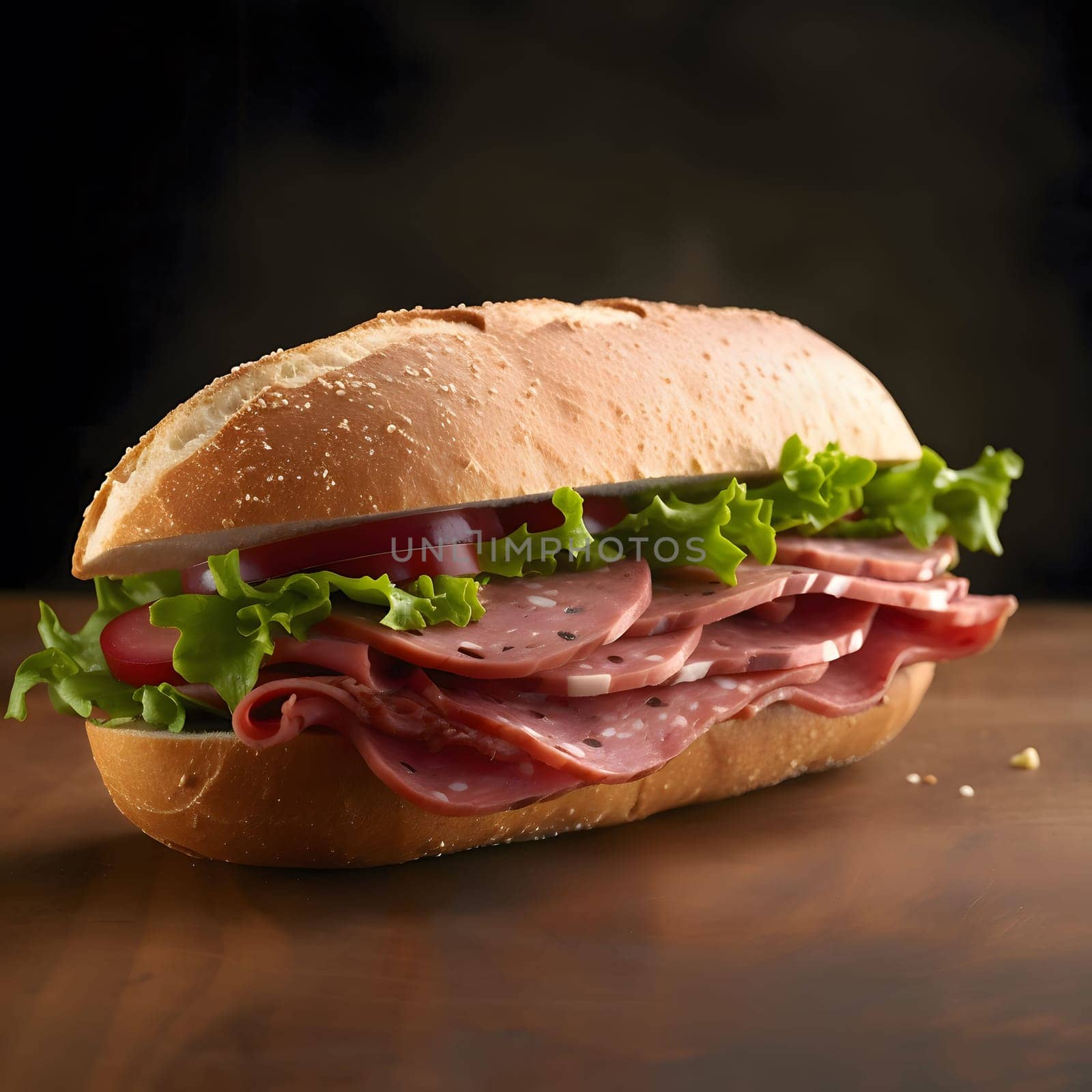 Closeup of a fresh salami sandwich with lettuce, tomatoes, and spices