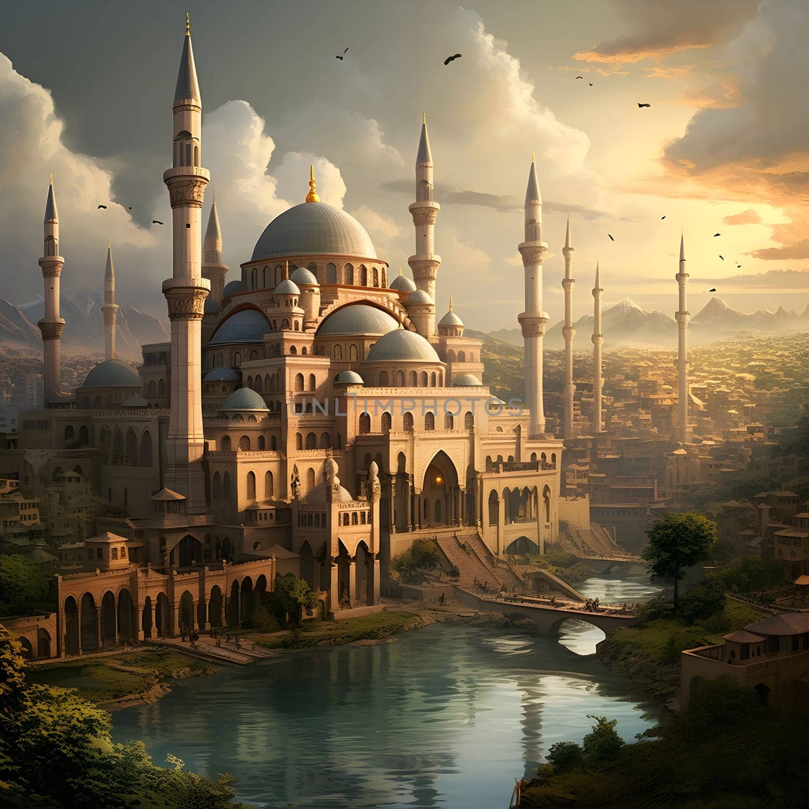A majestic mosque stands tall against a backdrop of a sprawling city and a serene river.