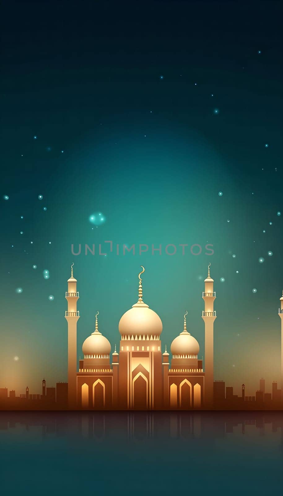 A beautiful illustration of a mosque at night with a sparkling sky. The mosque is illuminated with golden light and its reflection is visible in the water.