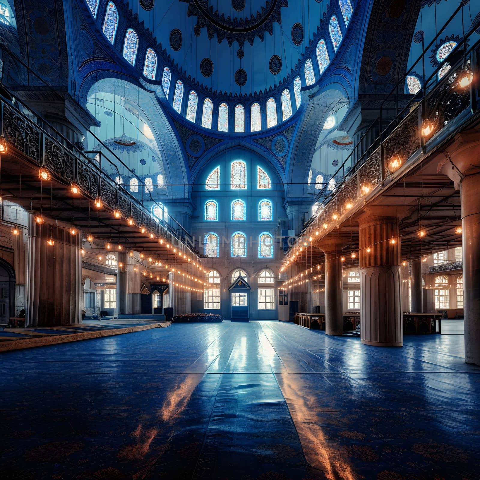 A captivating view of the interior of a mosque, featuring intricate architectural details, stained glass windows, and a sense of tranquility.