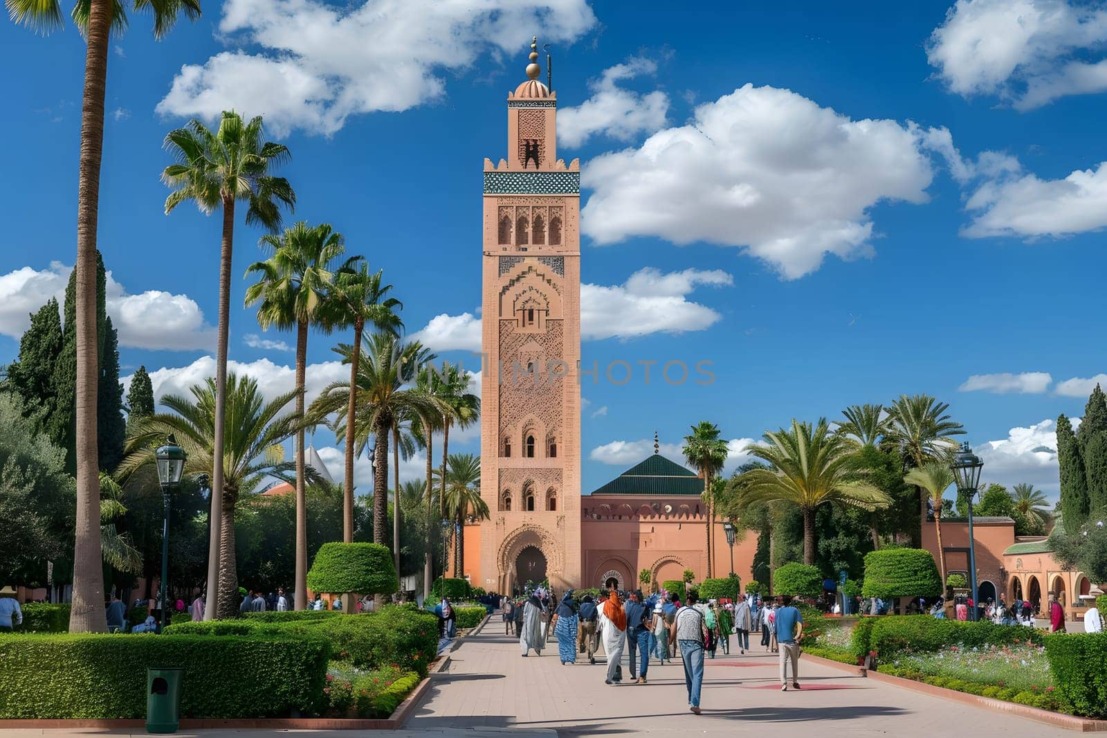 A view of the Koutoubia Mosque in Marrakech, Morocco with people walking through the garden