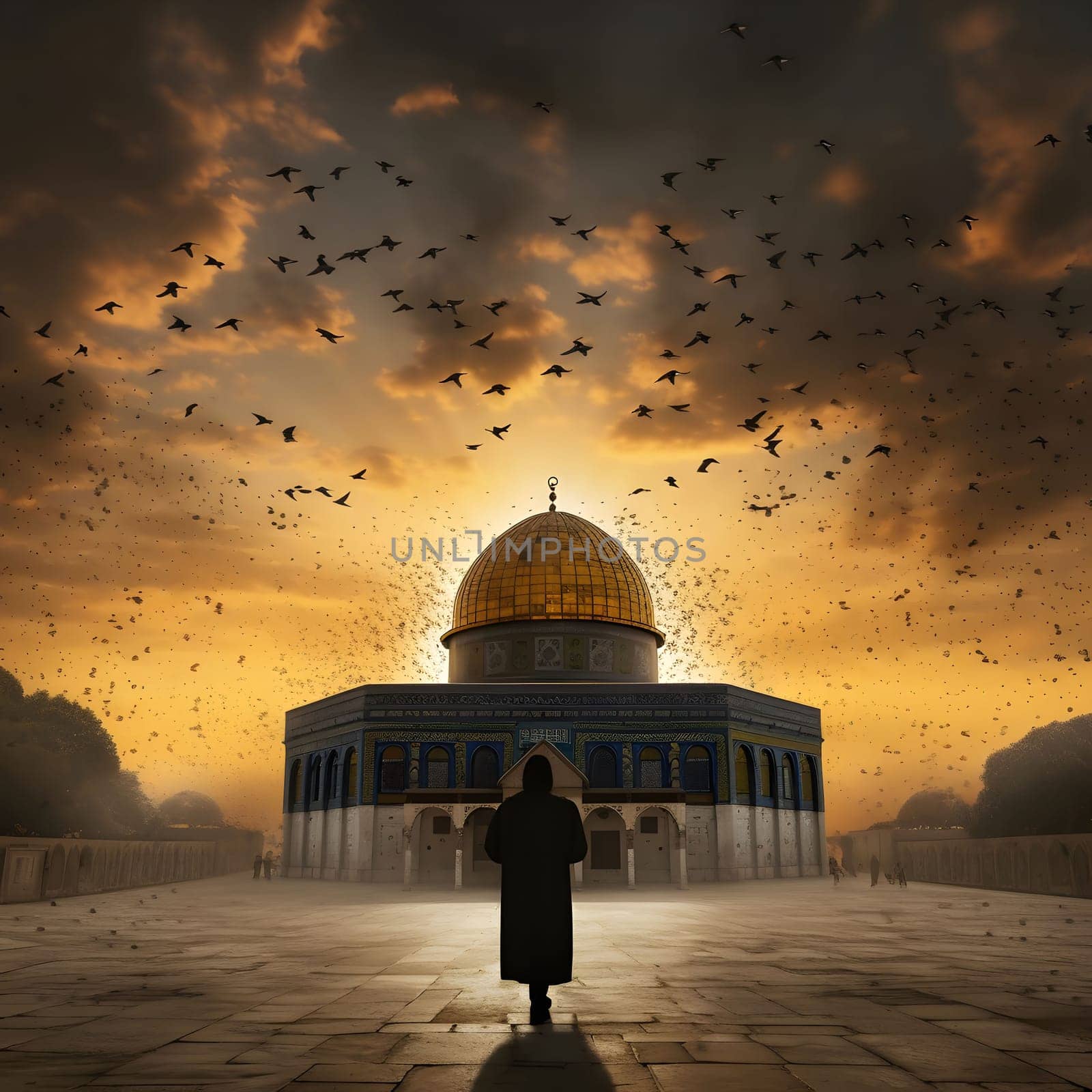 A man stands in silhouette, facing the Dome of the Rock mosque in Jerusalem during a beautiful sunset, a powerful image of faith and spirituality.