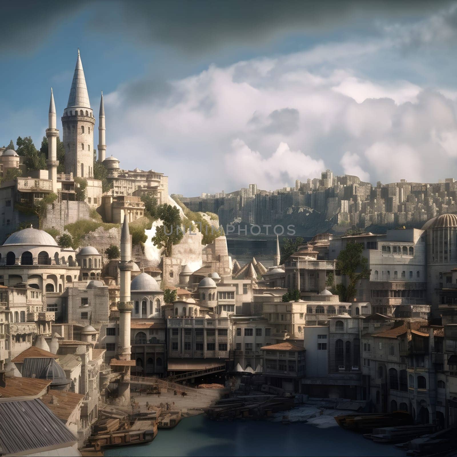 A panoramic view of Istanbul's historic cityscape, showcasing its iconic architecture, buildings, and ancient structures.