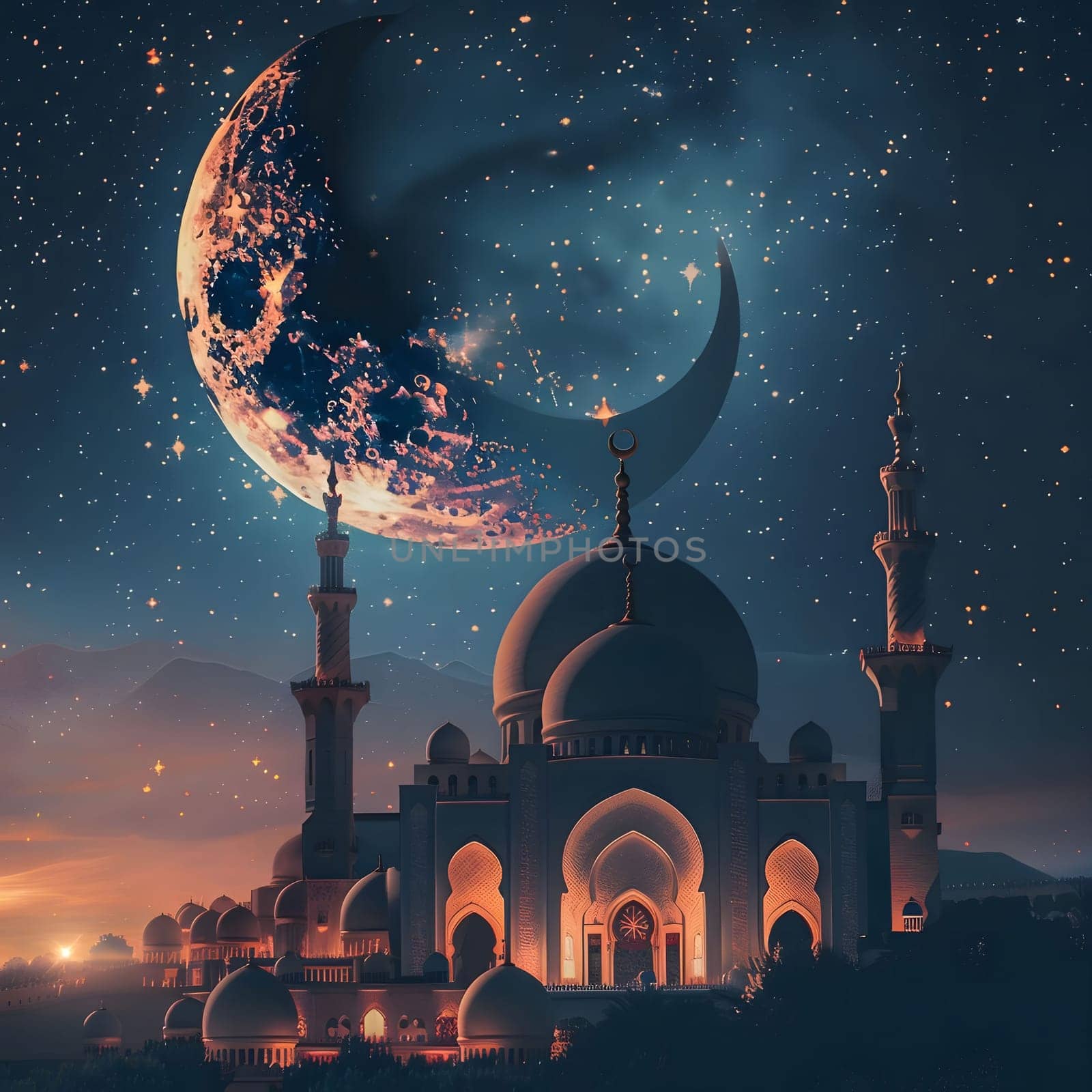 A majestic mosque illuminated against a starry night sky with a crescent moon glowing above, radiating spirituality and tranquility.