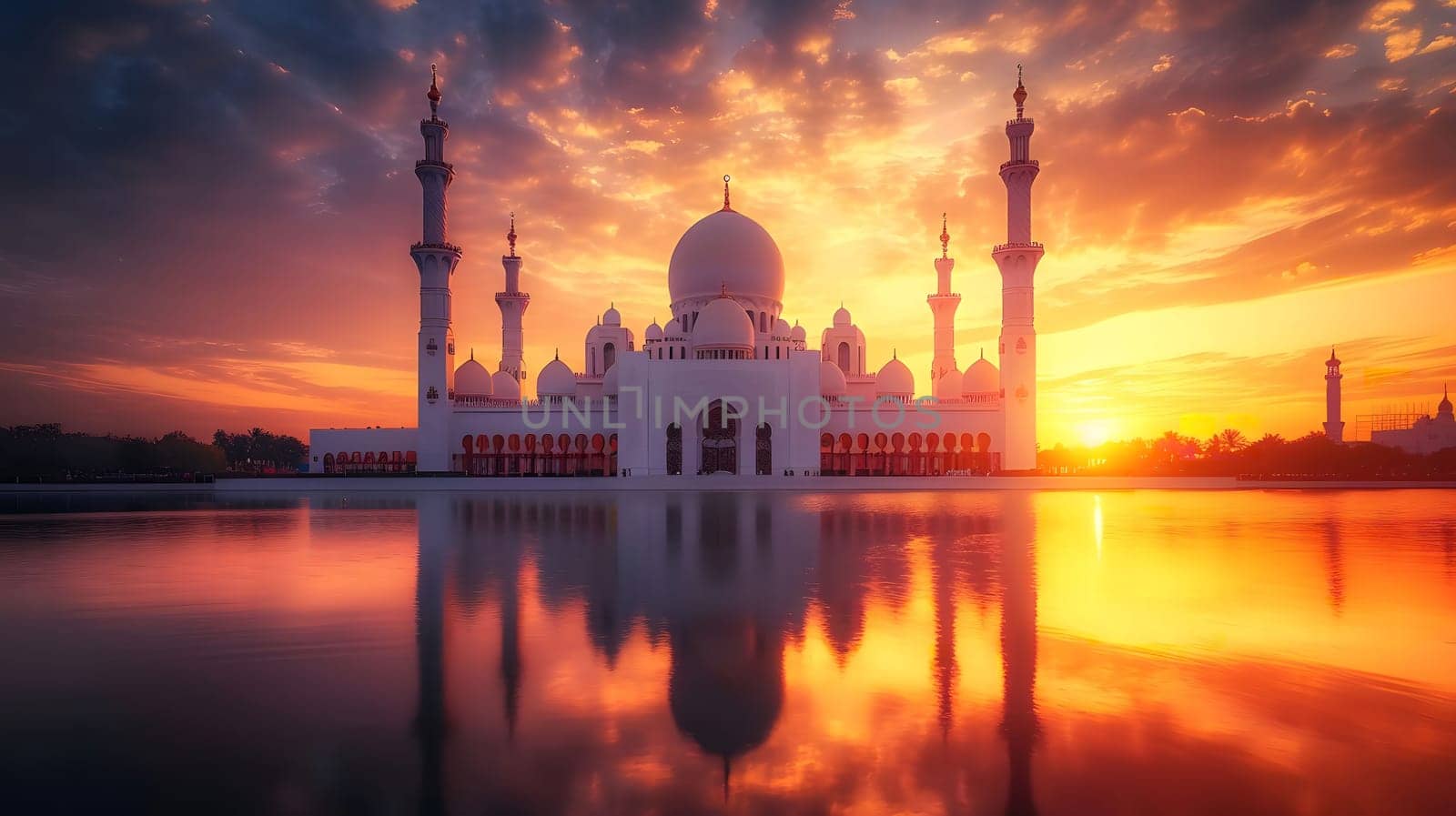 A breathtaking sunset over the Sheikh Zayed Grand Mosque in Abu Dhabi, UAE, with its iconic white architecture reflected in the serene water.