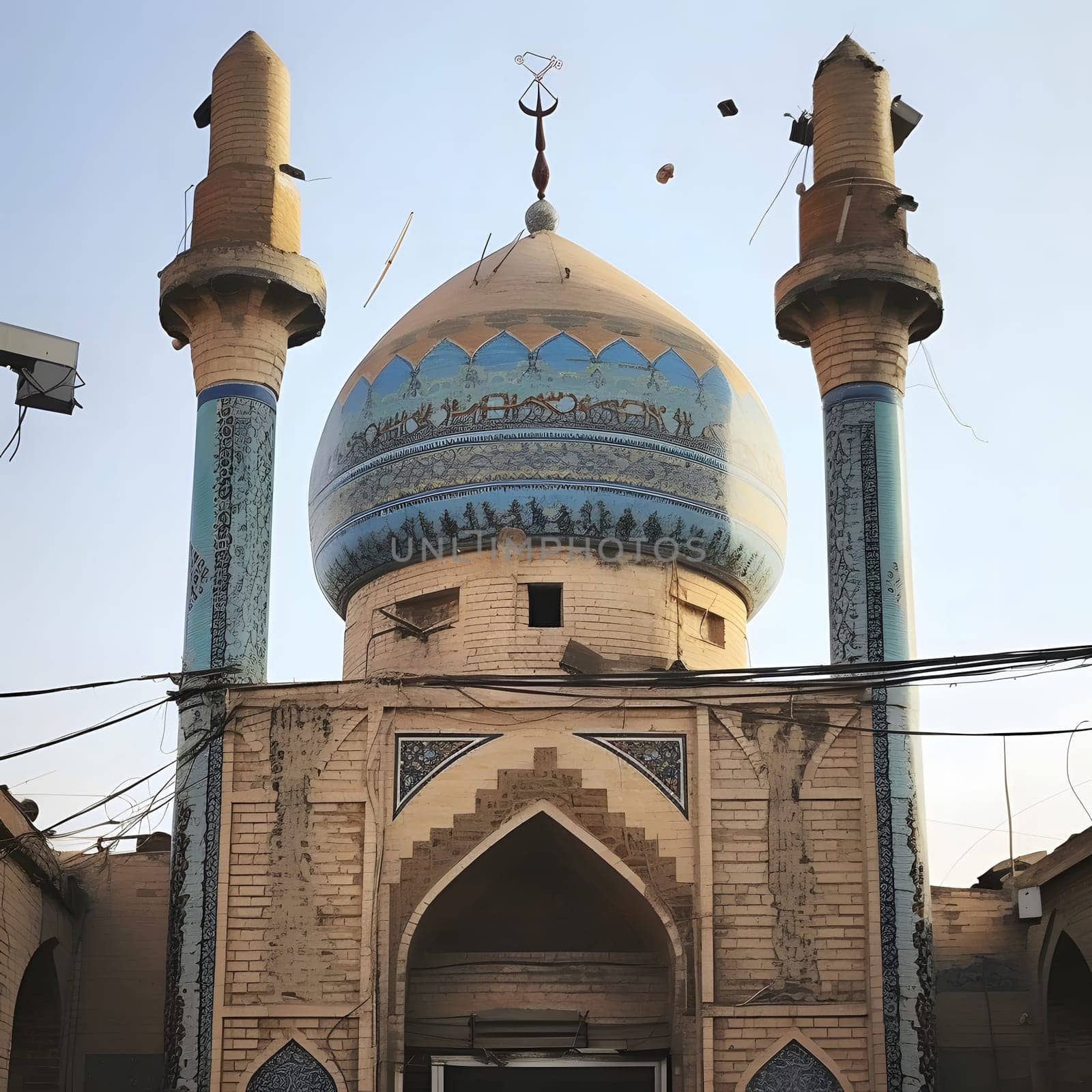 An exterior view of a mosque with a blue tile dome, intricate details, and two minarets. The mosque is a symbol of Islamic architecture and culture.