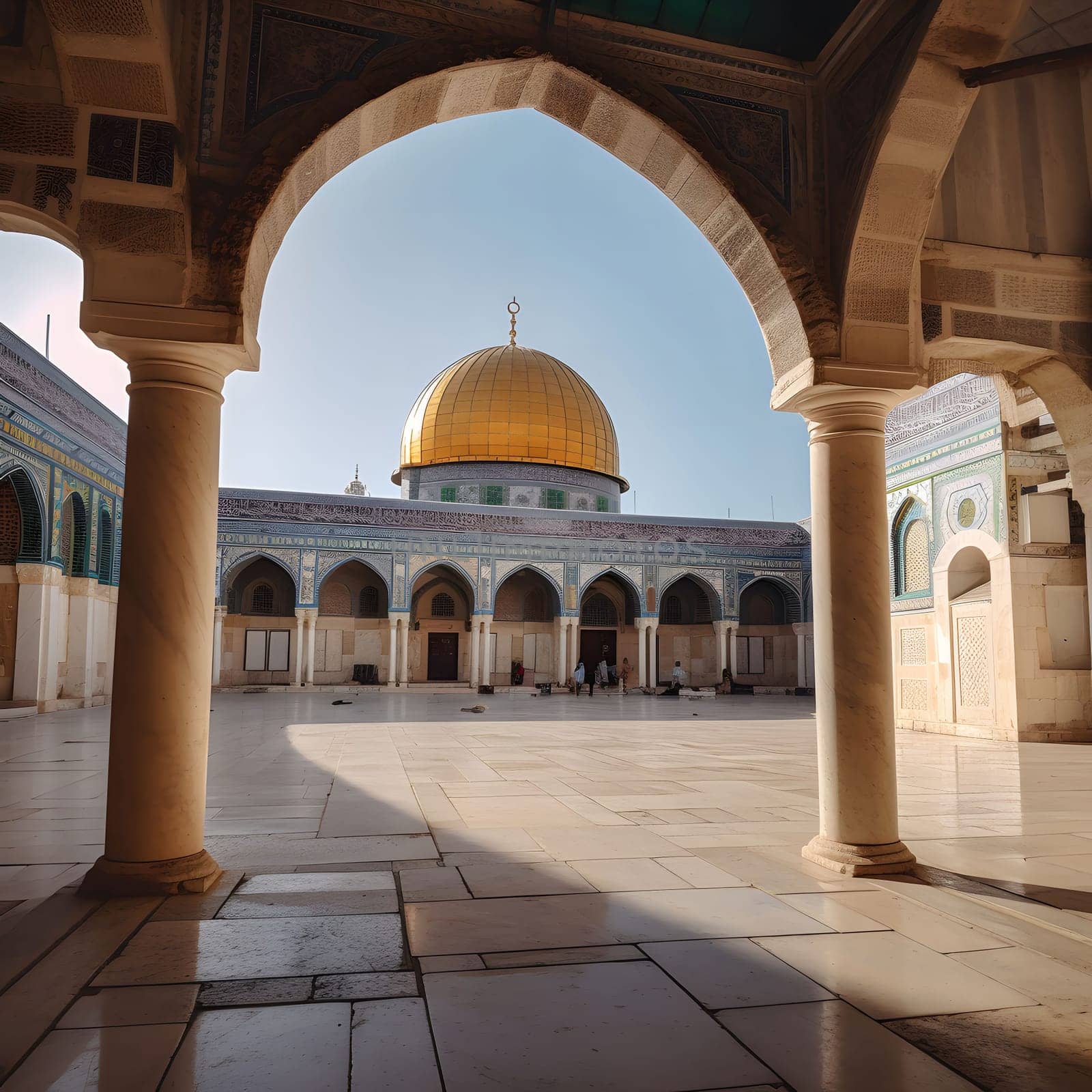 A view of the golden dome of a mosque through the arches of a courtyard. The courtyard is empty and the sun is shining brightly.