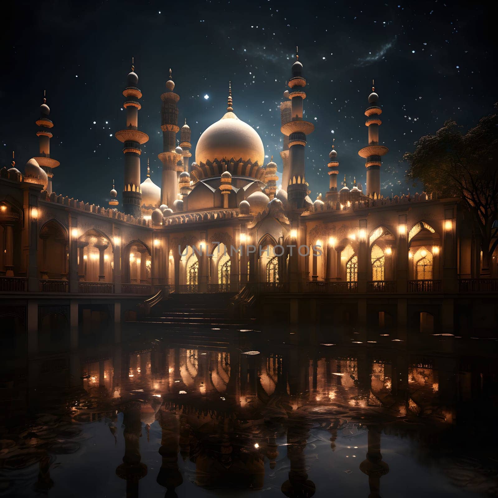 A beautiful mosque illuminated at night with a reflection in the water