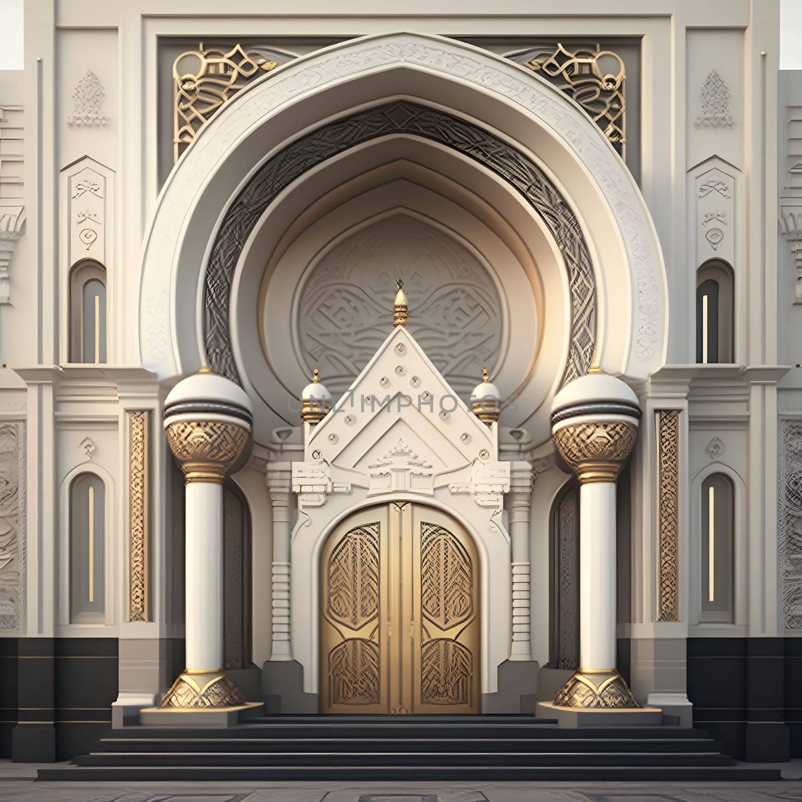 An intricate depiction of a mosque entrance, featuring ornate gold detailing, symmetrical arches, and intricate designs.