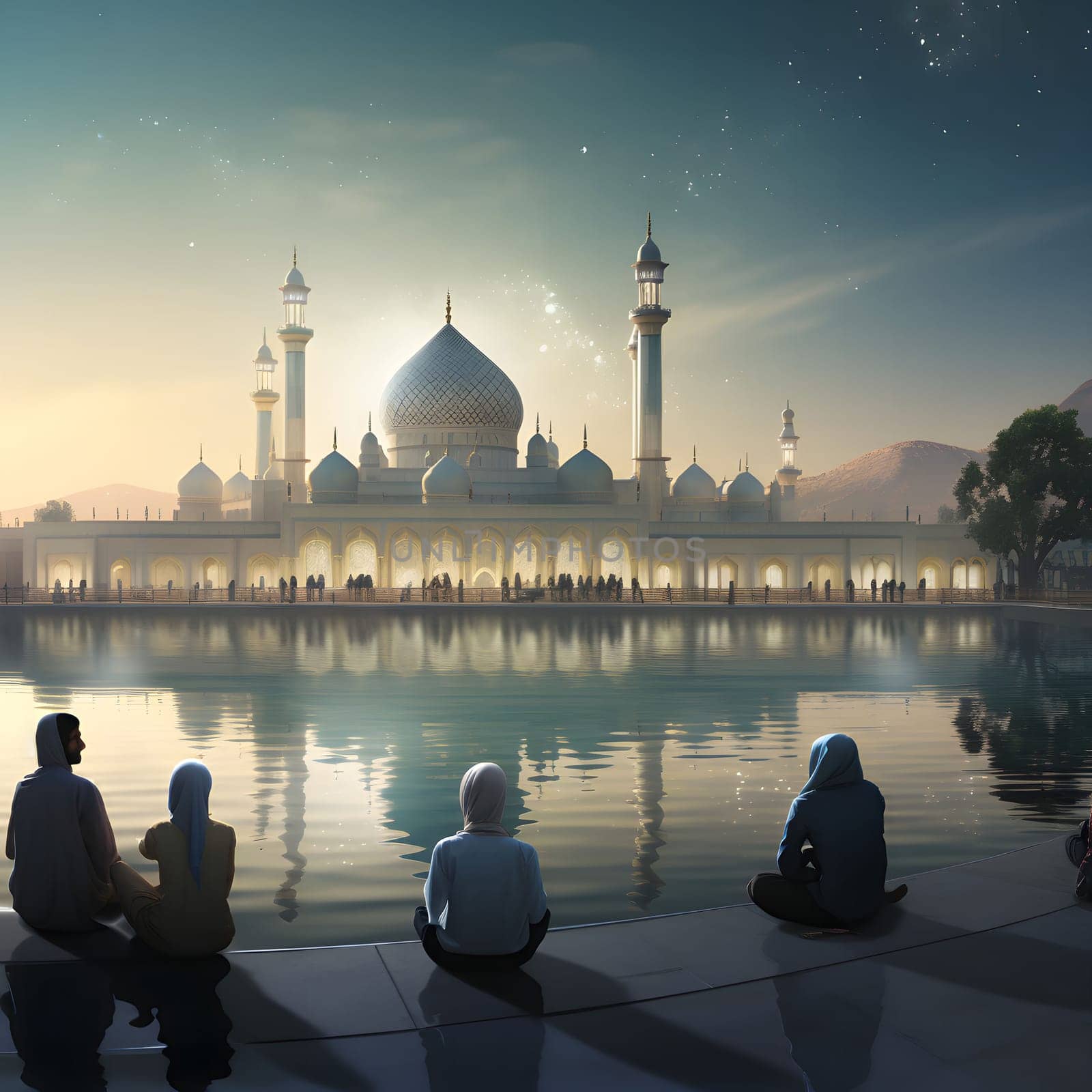 A group of people stand near a tranquil pond reflecting the beautiful white mosque in the evening light.