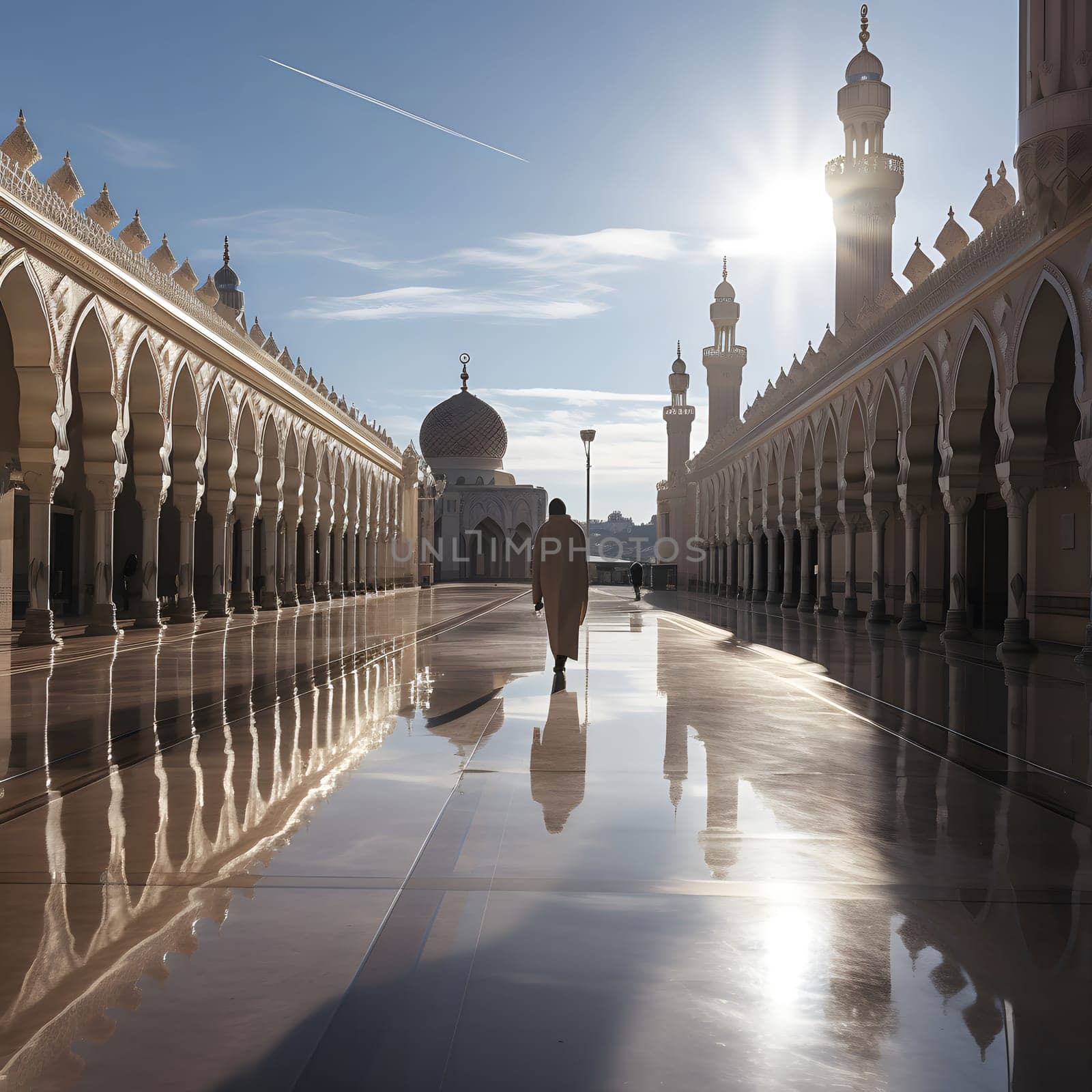A man walks through the courtyard of a mosque with its arches reflecting in the wet floor.