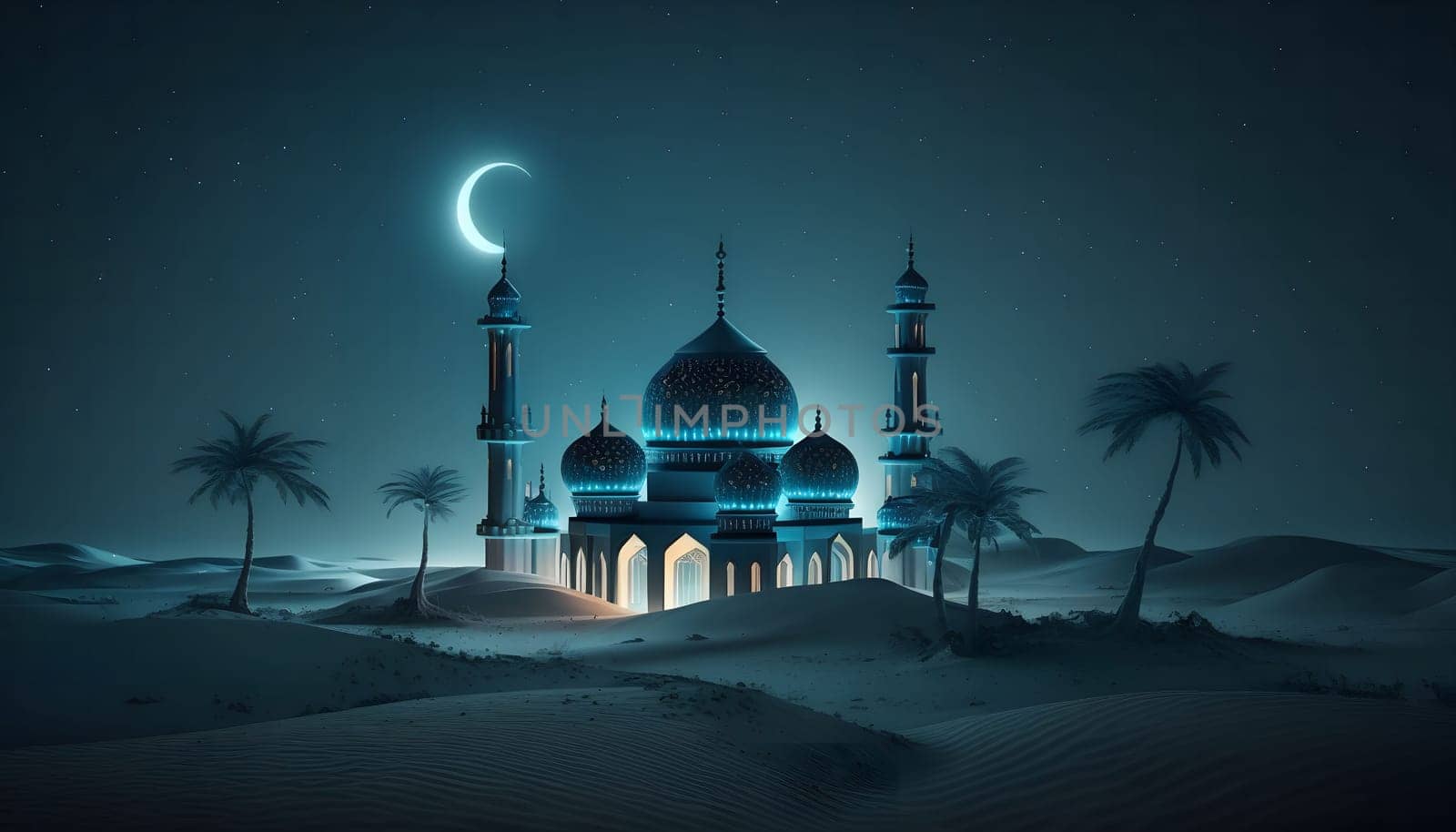 A majestic mosque stands illuminated in the vast desert under a star-studded night sky. The crescent moon shines brightly, casting a soft glow on the sand dunes.